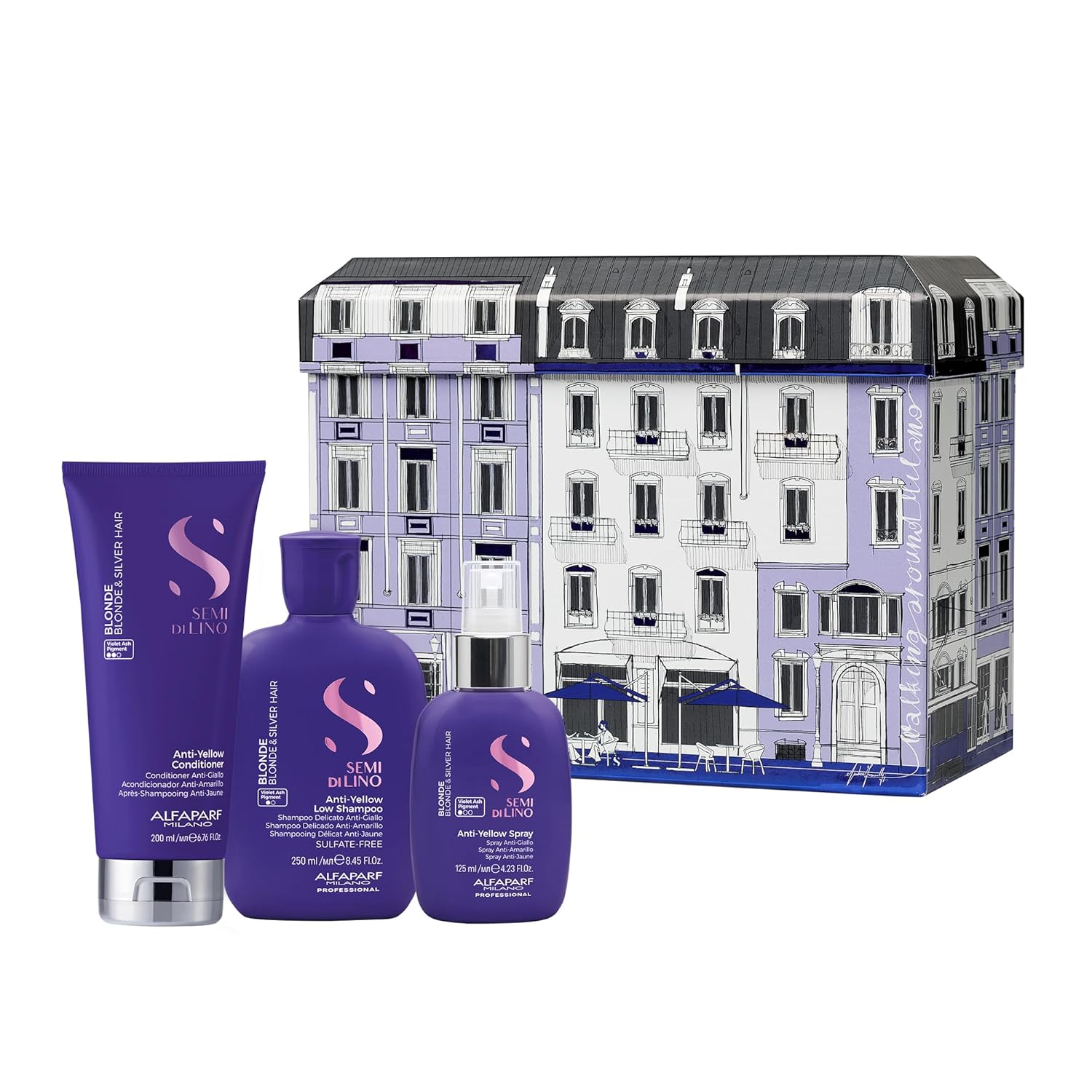 Alfaparf Milano Semi di Lino – Juego de regalo anti-amarillo para cabello rubio, platino y plateado, champú, acondicionador y aerosol sin sulfato,