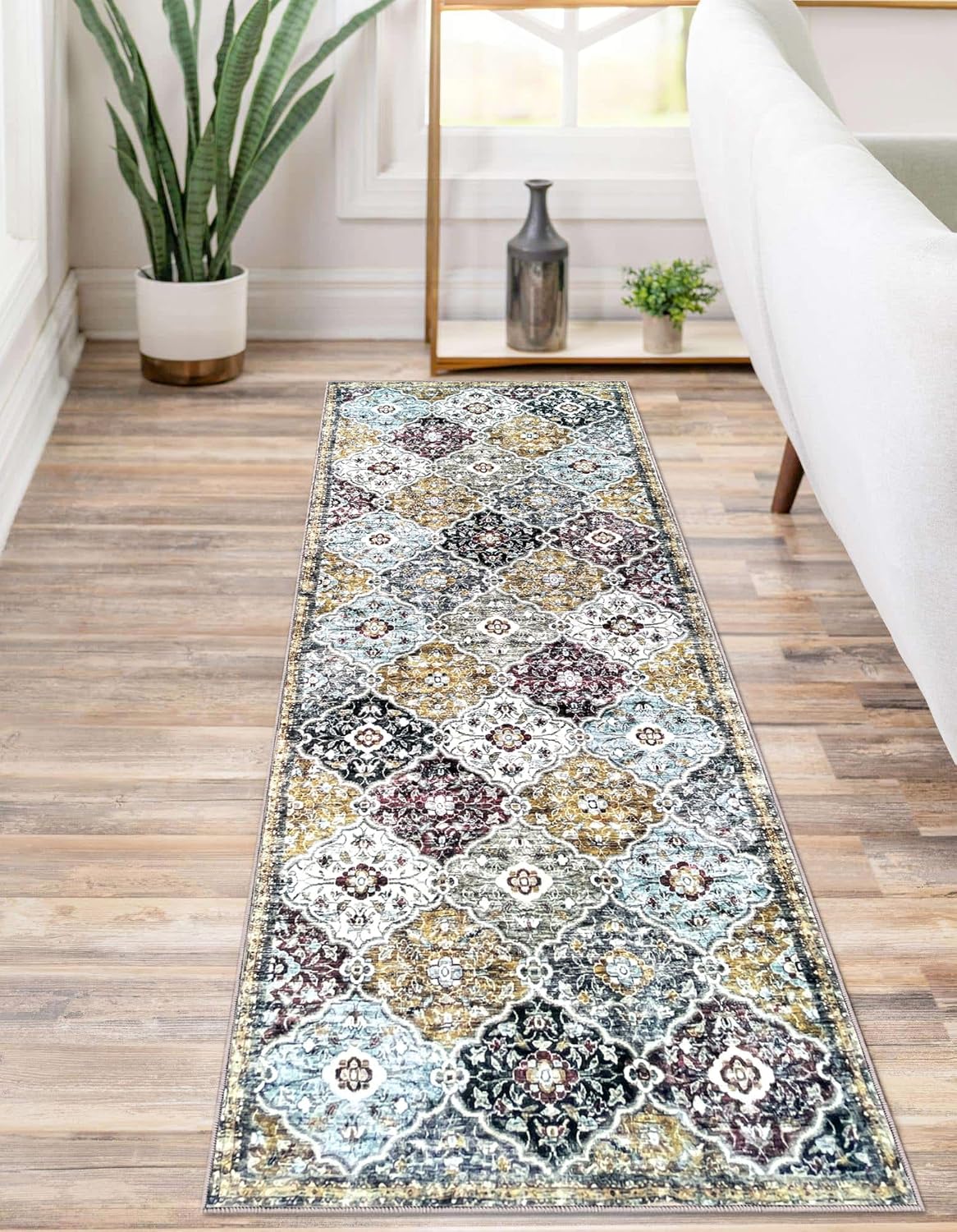KILOCOCO Alfombra marroquí para pasillos de 2 x 6 pies, diseño floral vintage, lavable, alfombra antideslizante de 6 pies, alfombra bohemia
