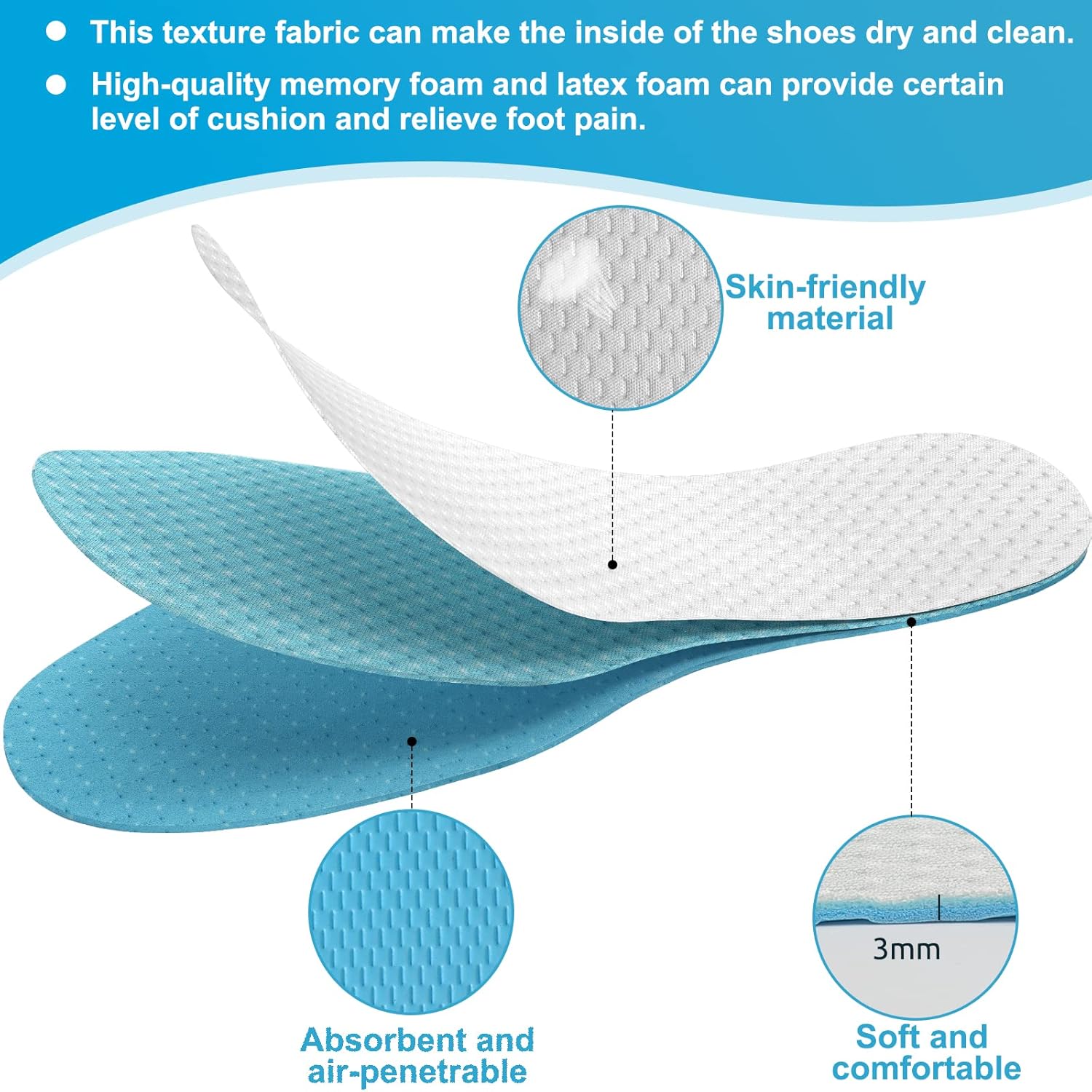6 pares de plantillas finas para zapatos, plantillas de zapatos descalzos, plantillas de espuma viscoelástica de látex de tres capas, cortables y
