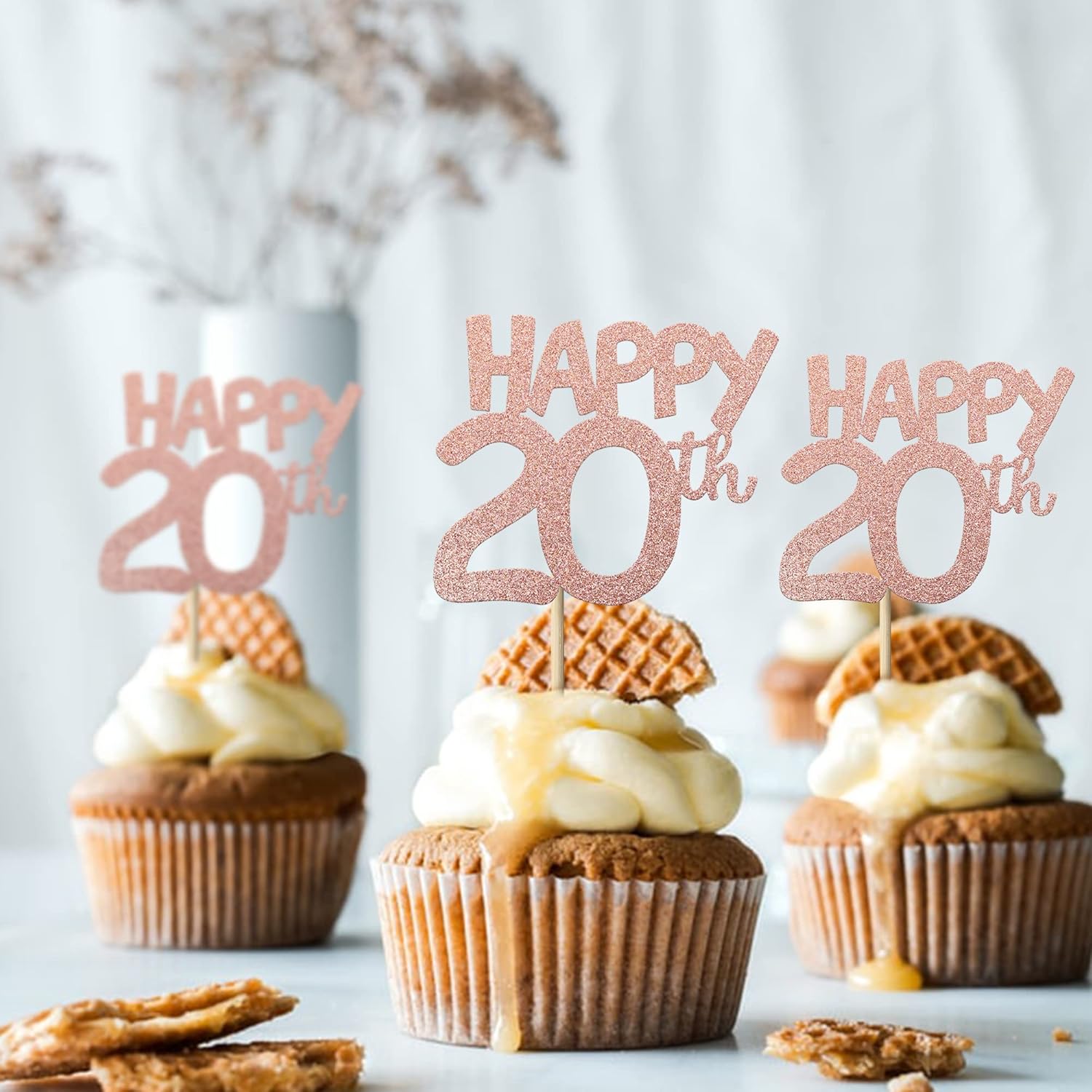 24 piezas de decoración para cupcakes con purpurina de 20 años de edad número 20 para cumpleaños de 20 años, para boda, aniversario, fiesta,