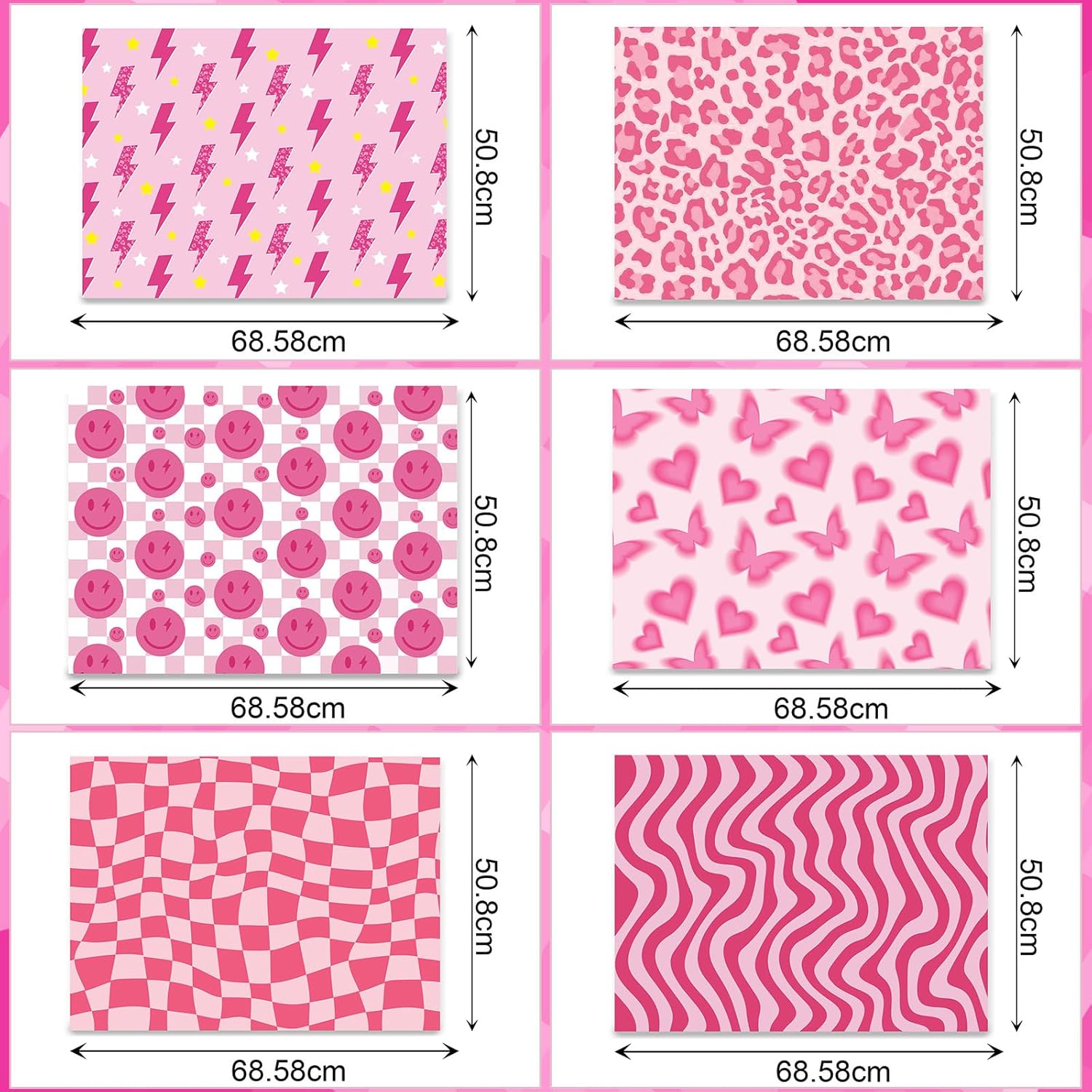 Bolsome 12 hojas de papel de regalo temático preppy, papel de regalo con diseño de leopardo y mariposa sonriente rosa para principios de la década
