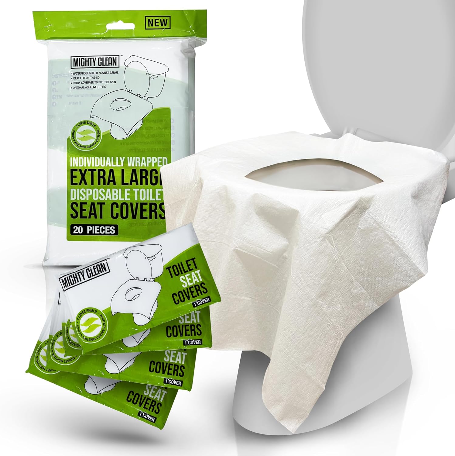 Mighty Clean – Fundas desechables para asiento de inodoro XL, 100% impermeables, envueltas individualmente, fundas extra anchas para adultos y