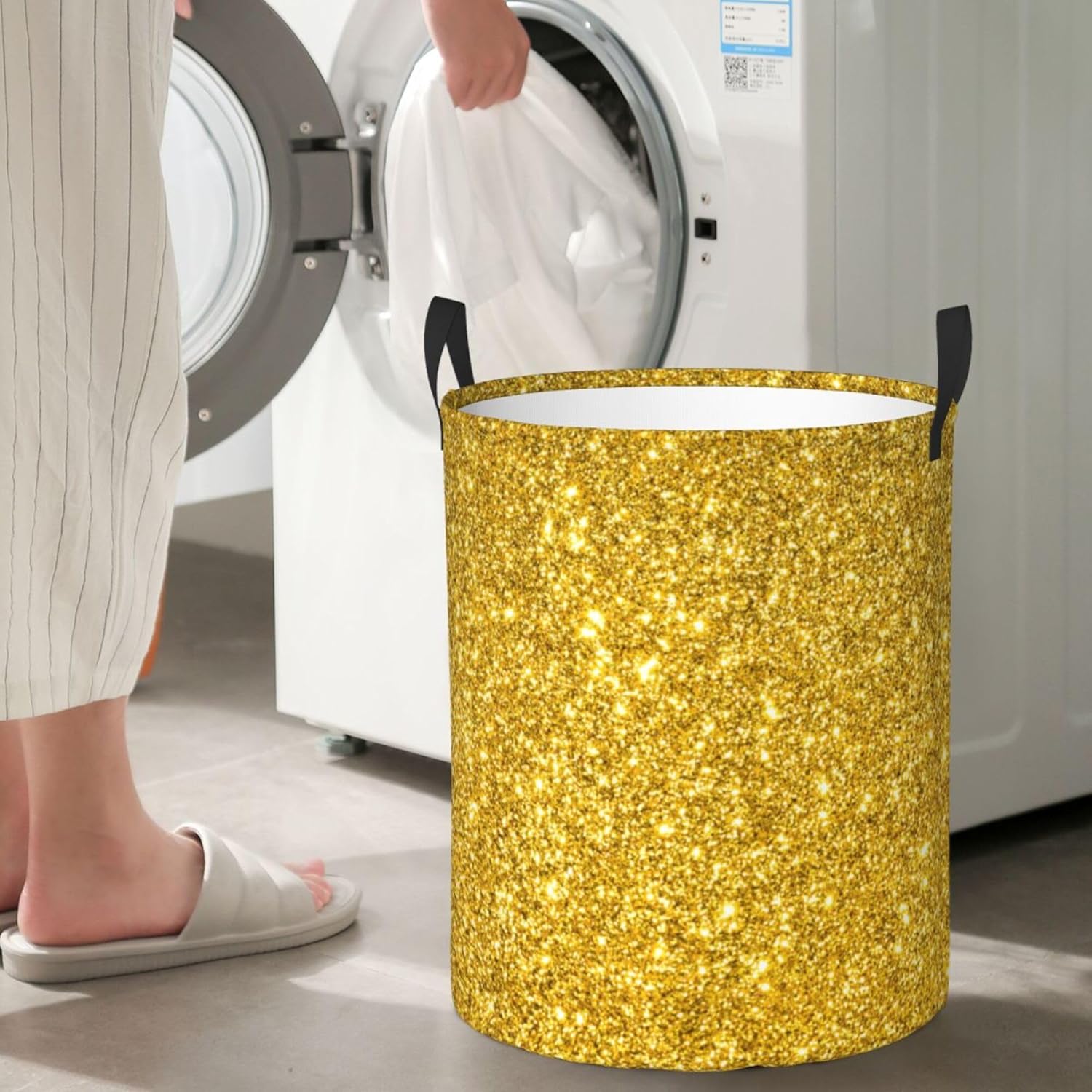 Cesta plegable de moda para ropa sucia compatible con un hermoso patrón de destellos dorados con brillantina, tela impermeable, plegable, fácil de