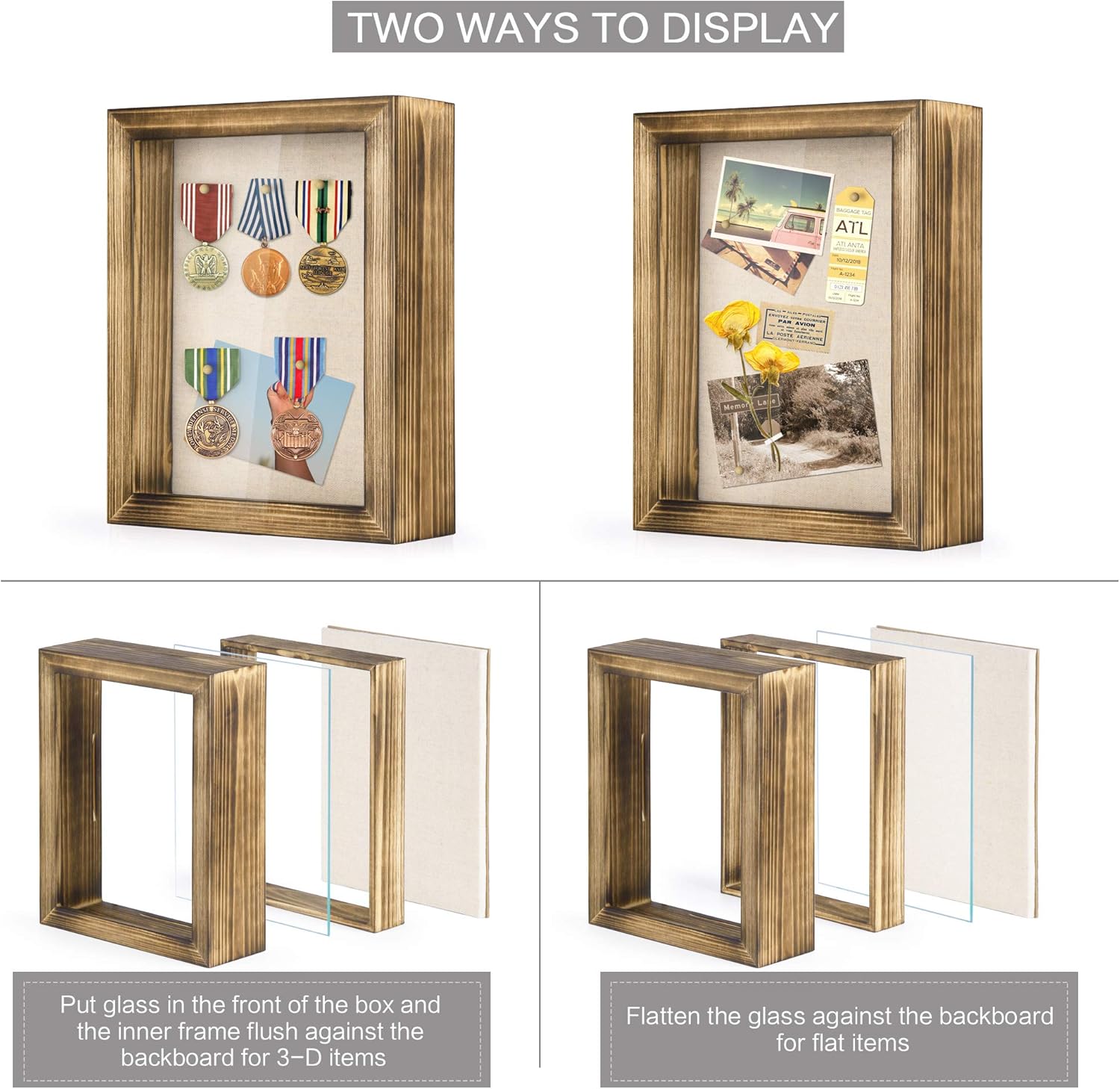 Love-KANKEI Marco de caja de sombra de 8 x 10 pulgadas, vitrina con marco de madera maciza y caja de memoria de ventana de vidrio extraíble para
