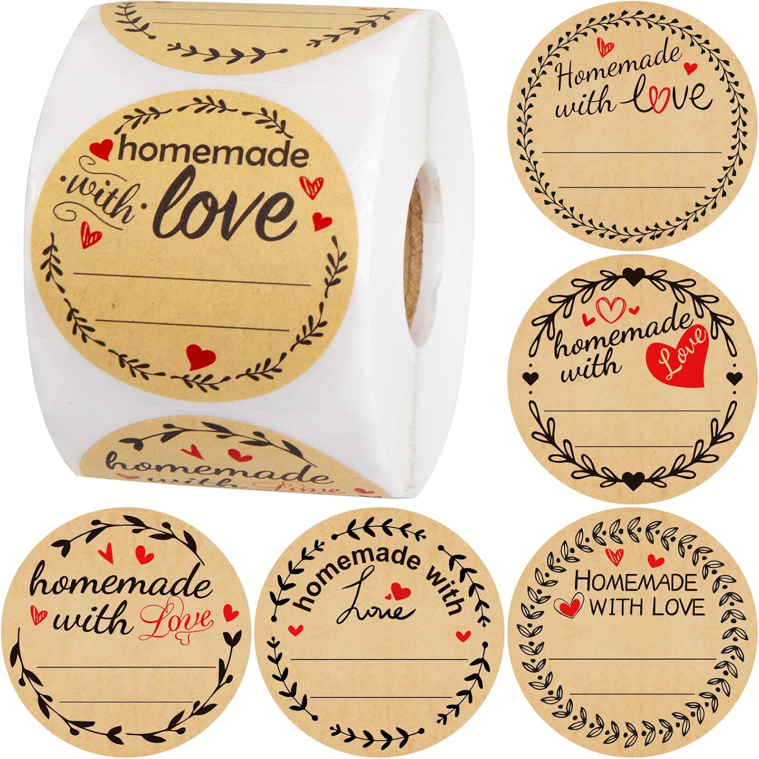 500 calcomanías caseras con amor con líneas, etiquetas para conservas de frascos para envases horneados, bolsas de galletas, rollo de 2 pulgadas