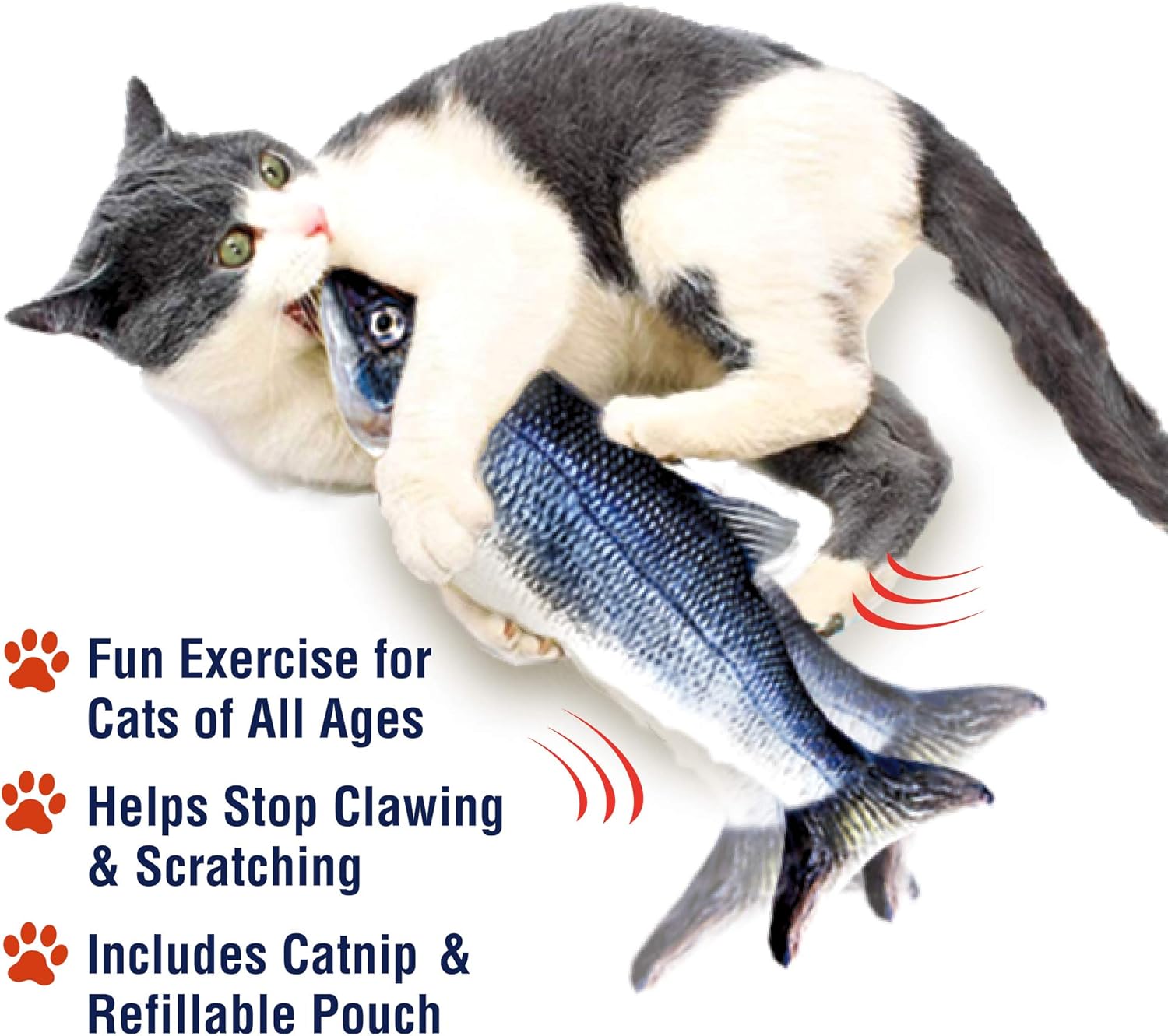 Ontel Flippity Fish – Juguete interactivo para gatos con hierba gatera y caña de pescar, activado por el tacto, juguete recargable para mascotas