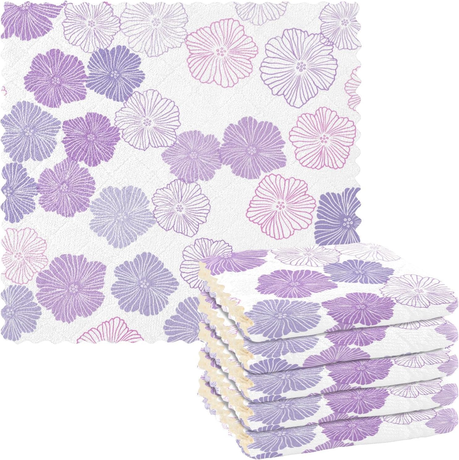 Purple Pink Flowers Doodle Cotton Decorative Dish Clothes for Washing Dishes Fast Drying 6 Pack Microfiber Drying Towel Kitchen for