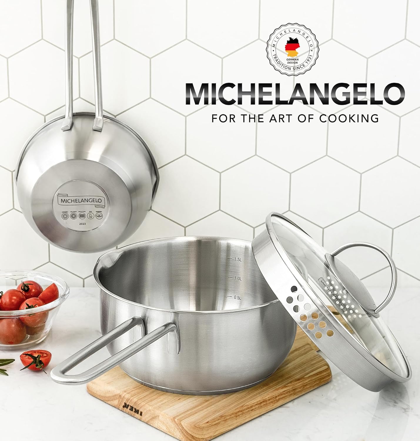 MICHELANGELO Juego de cacerolas de acero inoxidable de 1 cuarto y 2 cuartos, sartén inferior de tres capas con tapa y boquilla para verter, juego de