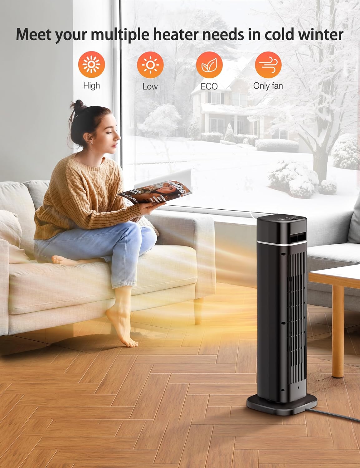VCK – Calentador de espacio, calentador eléctrico portátil de 24 pulgadas, 12 piess con control remoto, luz nocturna, oscilación de 80, 4 modos,