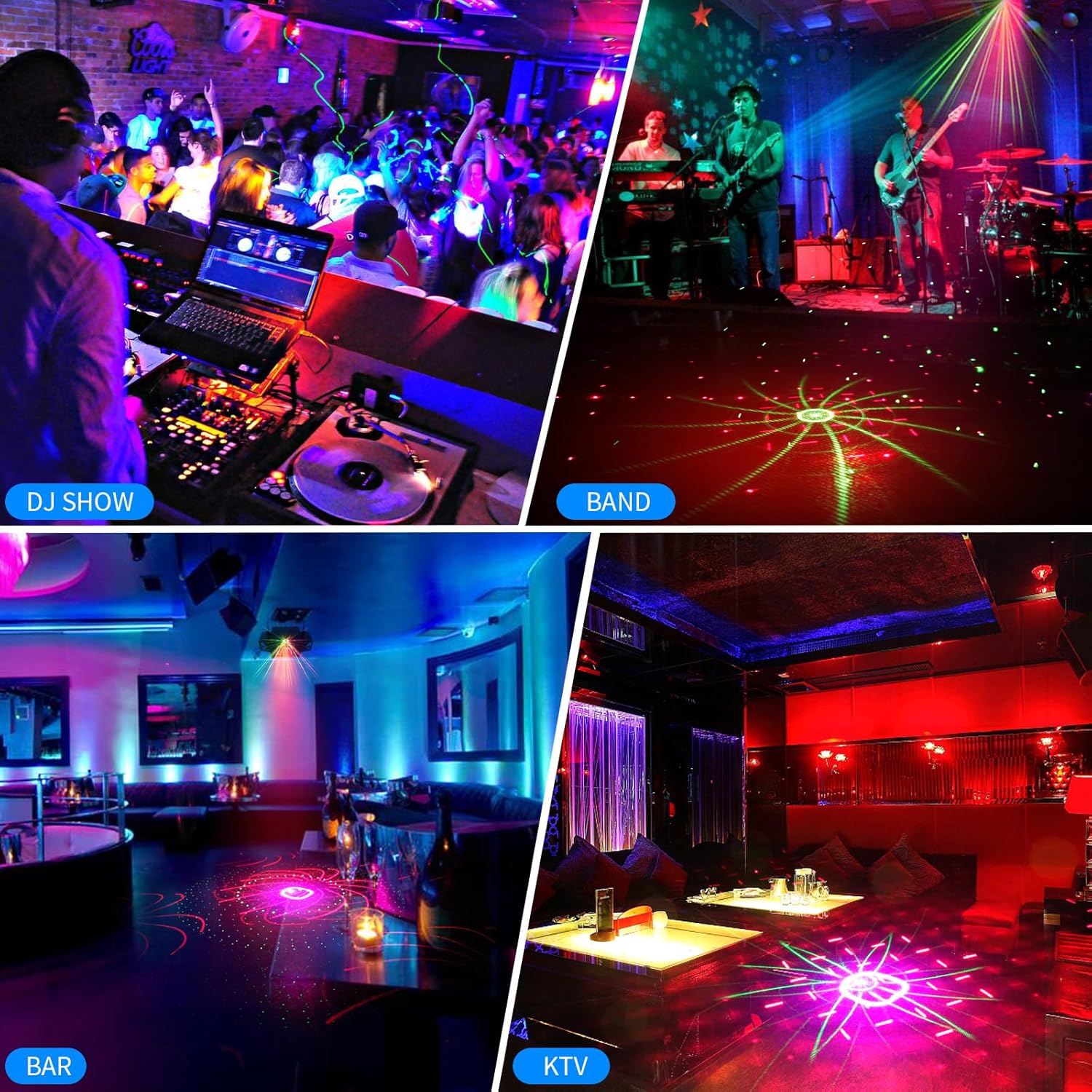 Luces láser para DJ para fiesta, proyector láser y efecto estroboscópico, iluminación de escenario por DMX512 Control y sonido activado con control