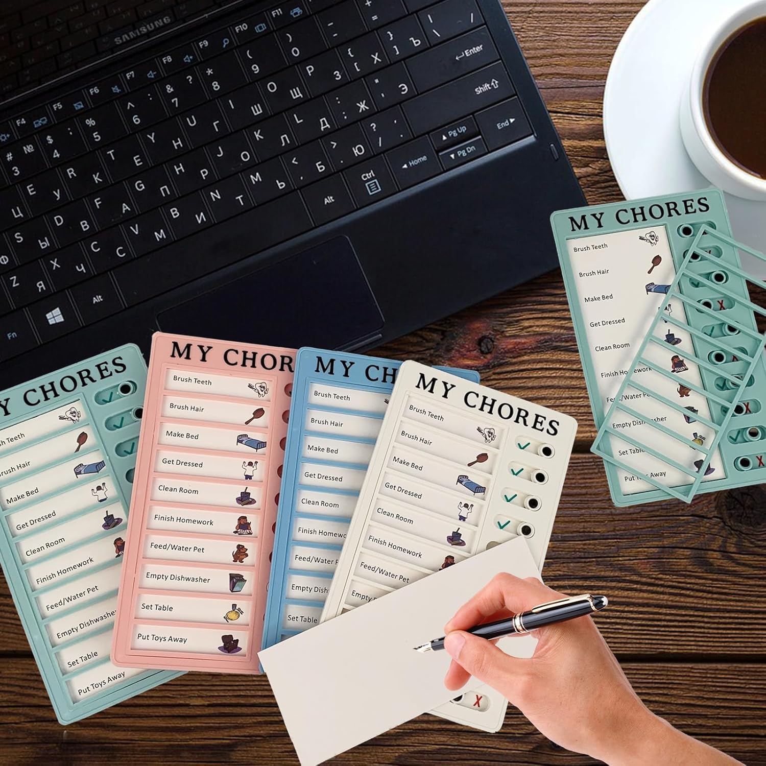 Tabla de tareas para niños, tabla de rutina de tareas para niños, tablero de lista de verificación de plástico en blanco con 2 cartulinas