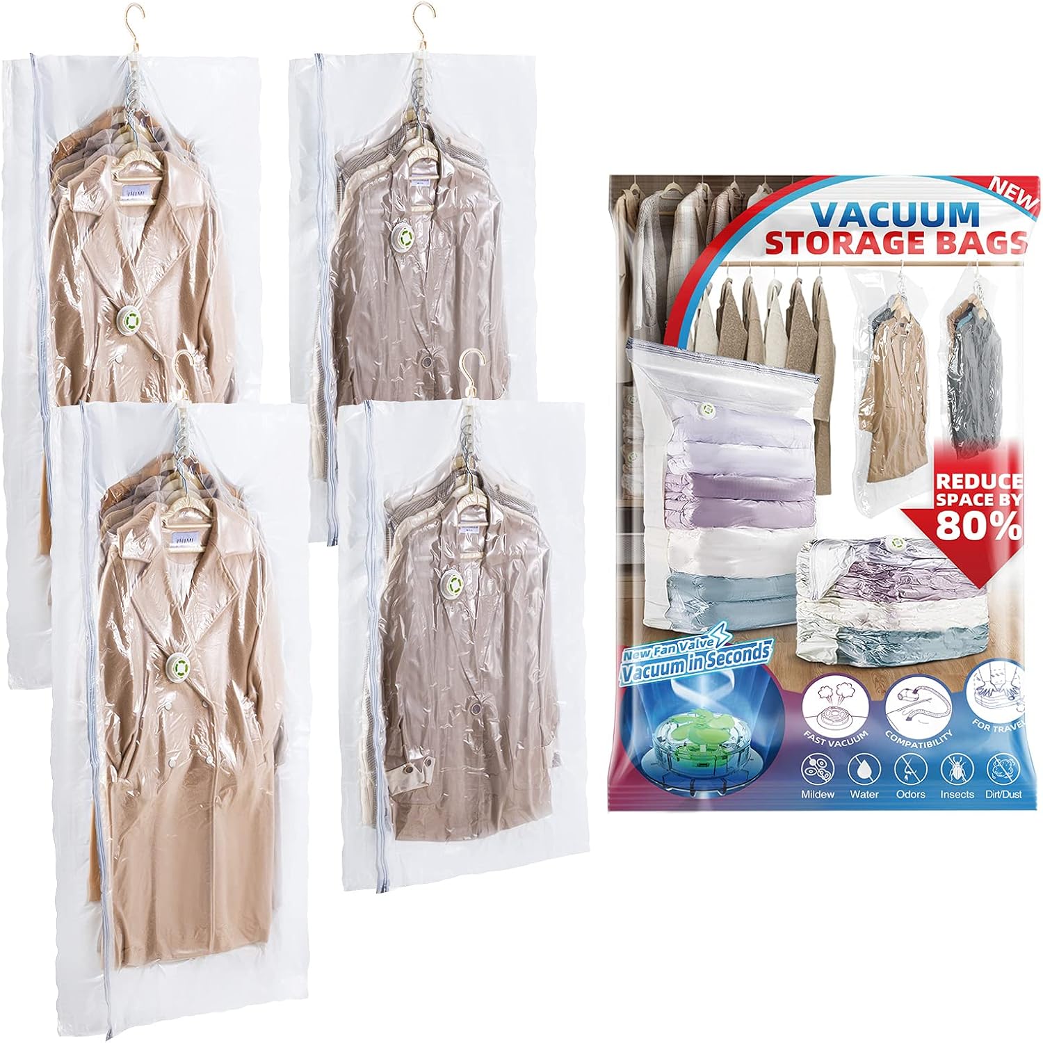 LEVERLOC Bolsas de almacenamiento al vacío, bolsas colgantes para ahorrar espacio, paquete de 4 para ropa y abrigos de invierno, ahorra un 80% de