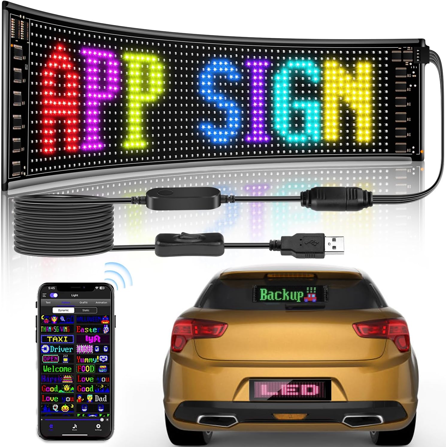 Letreros LED para coche RGBW, panel flexible de desplazamiento de animación con patrón de texto personalizado, pantalla de control de aplicación USB