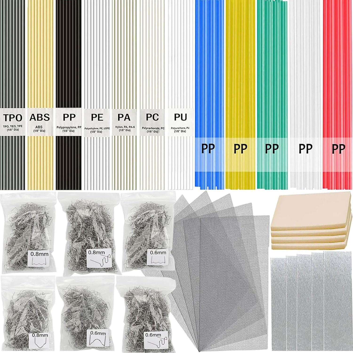 Kit de soldadura de plástico de 720 piezas, 106 varillas de soldadura de plástico, 600 grapas de soldador de plástico, 5 piezas de malla de acero