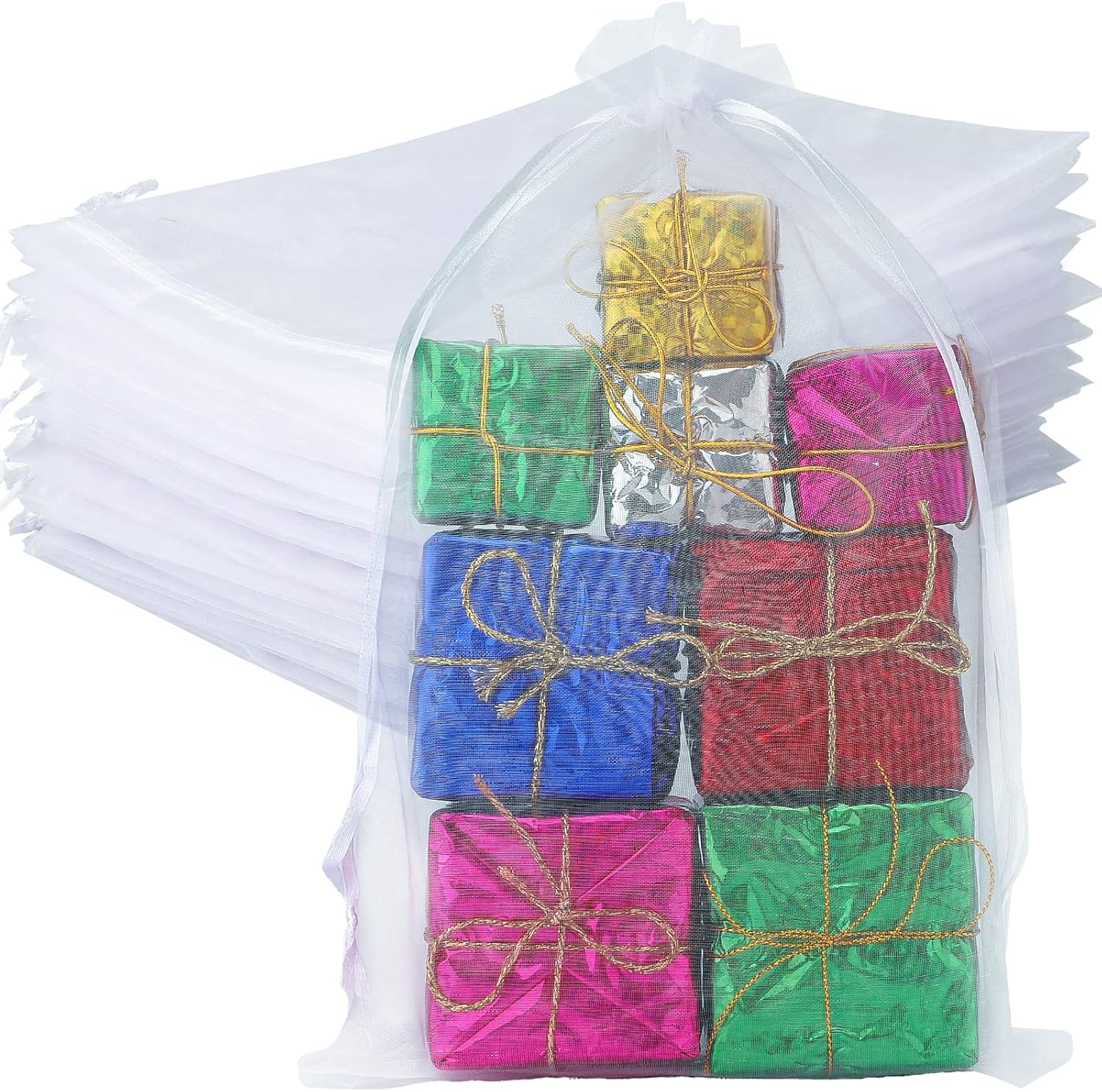 Anwyll Bolsas de organza blanca, bolsas transparentes de 8 x 12 pulgadas con cordón, 50 bolsas de regalo de joyería, bolsas de malla con cordón,