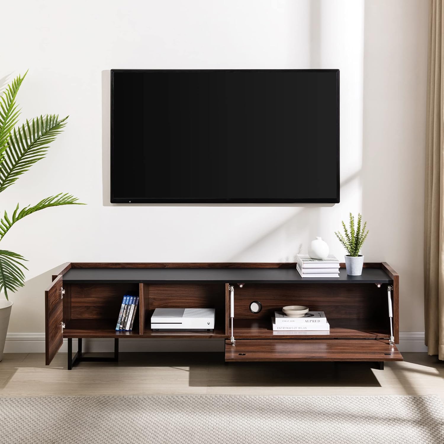 Walker Edison Rowan – Soporte de puerta bajo desplegable de madera y mármol sintético contemporáneo para televisores de hasta 65 pulgadas, 63