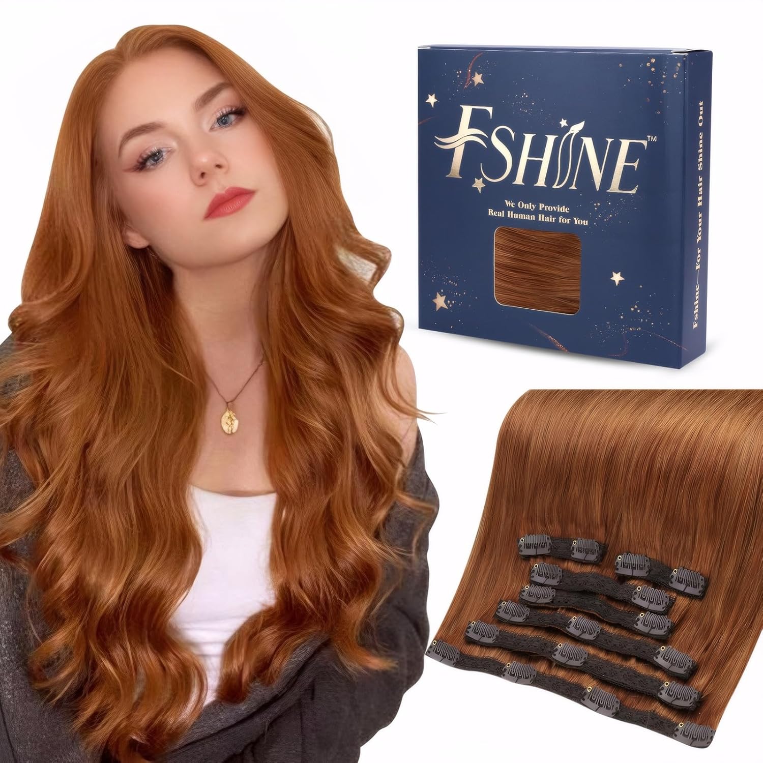 Fshine Extensiones de cabello humano con clip, 7 unidades, extensiones de cabello Remy sin costuras, extensiones de cabello humano con clip, doble
