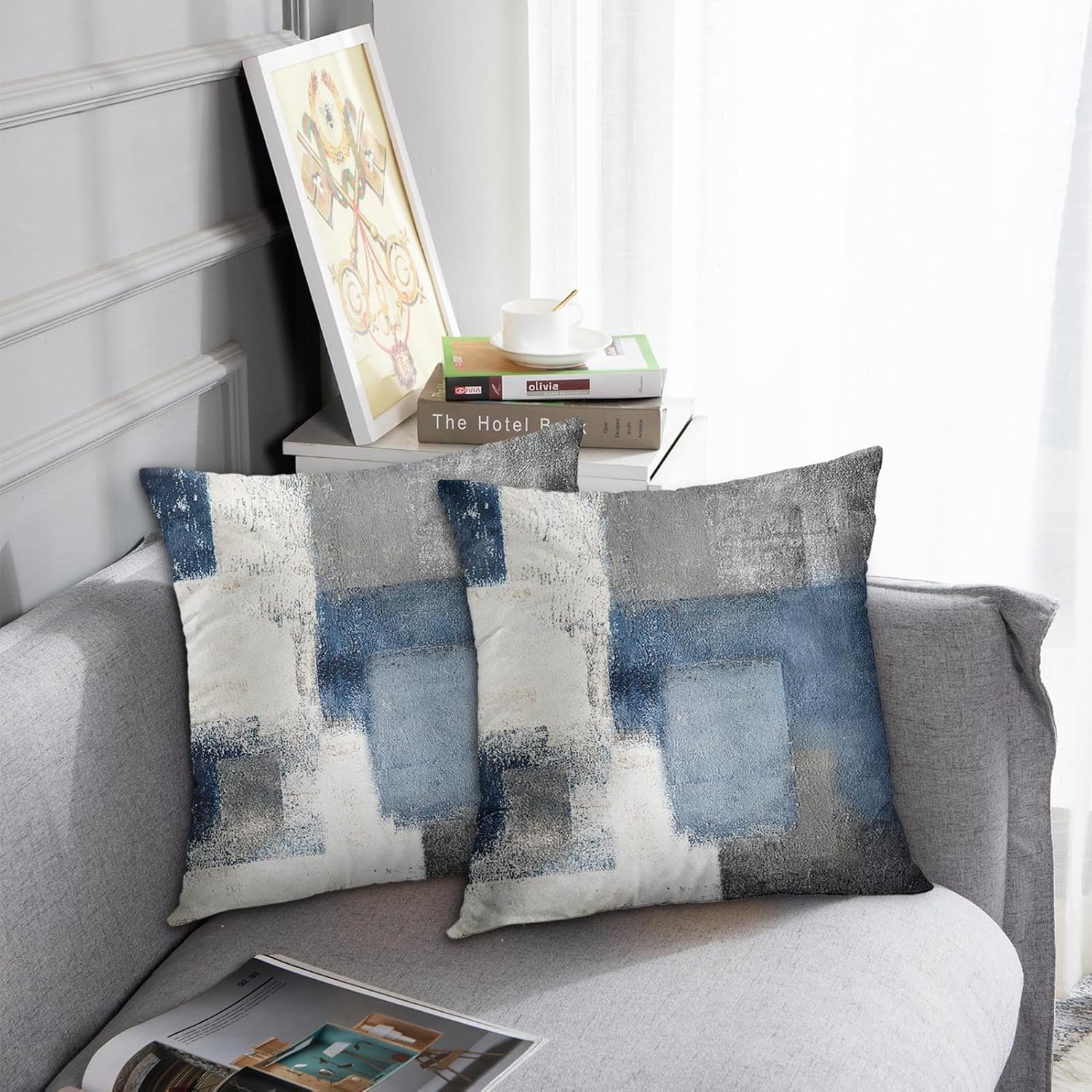 Emvency Juego de 2 fundas de almohada modernas con pintura abstracta azul, blanca y gris, decorativas, para sofá, decoración del hogar, fundas de