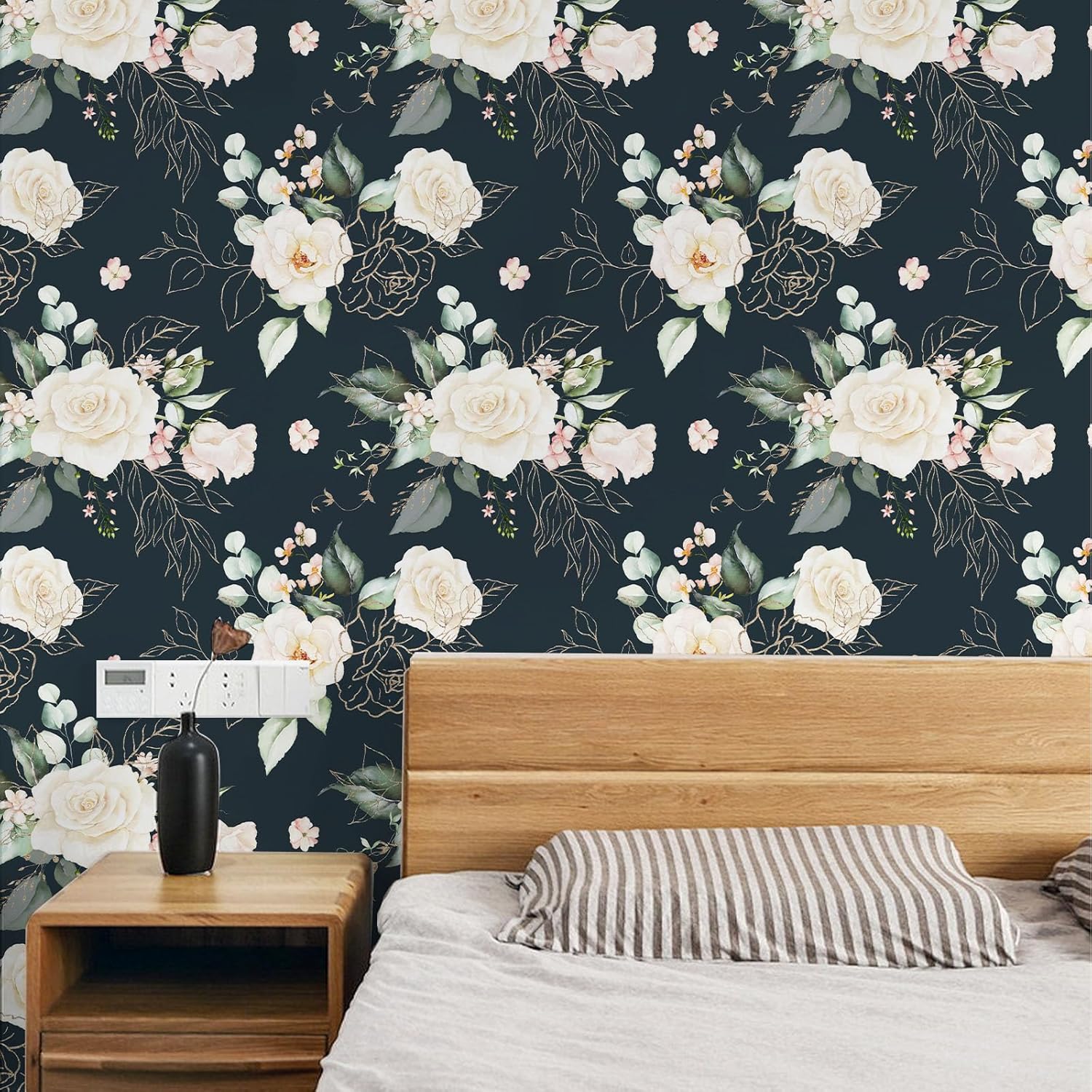 BaoHArtHome Papel tapiz floral para despegar y pegar, papel de contacto extraíble, hojas de oro negro, bohemio, fácil de despegar, autoadhesivo,