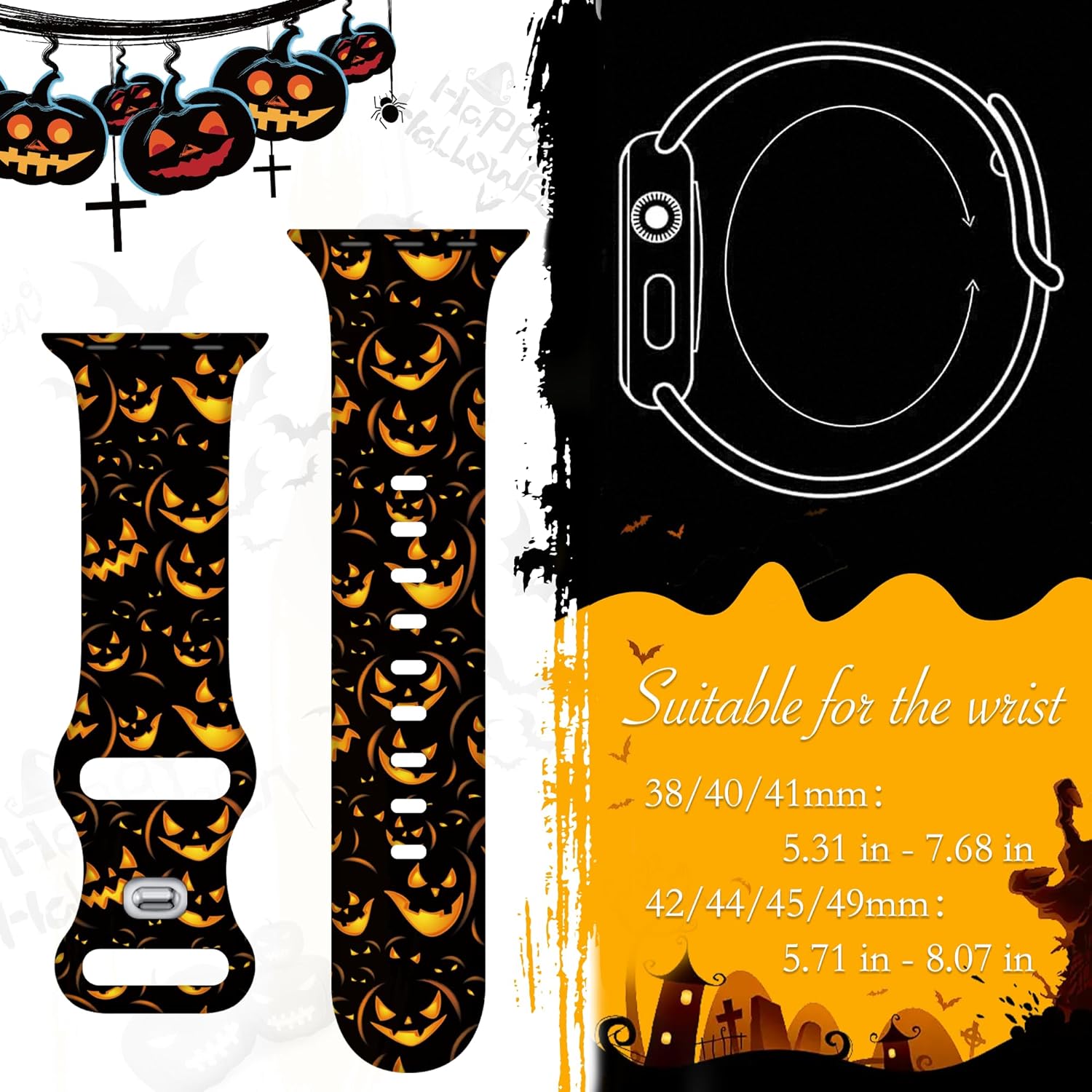 Correas de silicona de Halloween compatibles con Apple Watch Series 9 8 SE 7 6 5 4 3 2 1 Ultra 2, bonitas correas de iWatch para mujeres y hombres,
