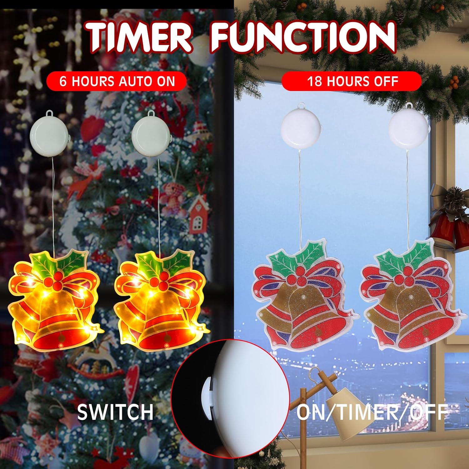 Decoraciones de Navidad, 2 luces de ventana de Navidad, funciona con pilas, luces de silueta de ventana con ventosa, temporizador para decoración de