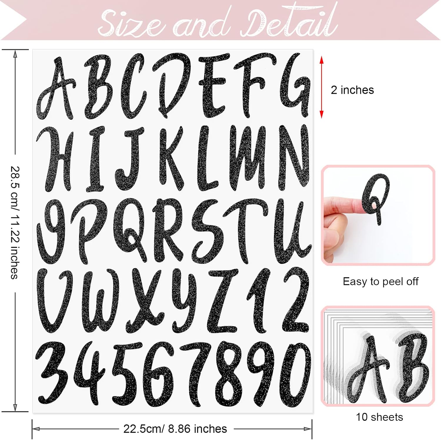 Calcomanías de letras del alfabeto con purpurina, 360 piezas, 10 hojas autoadhesivas de letras negras, 2 pulgadas