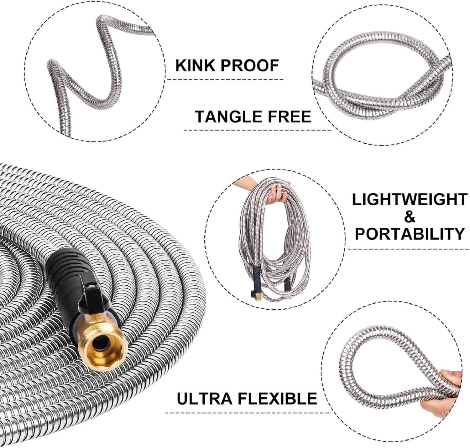 Manguera de jardín de metal de 75 pies  Manguera de acero inoxidable 304 flexible, ligera, resistente con boquilla libre de 10 vías  Accesorios