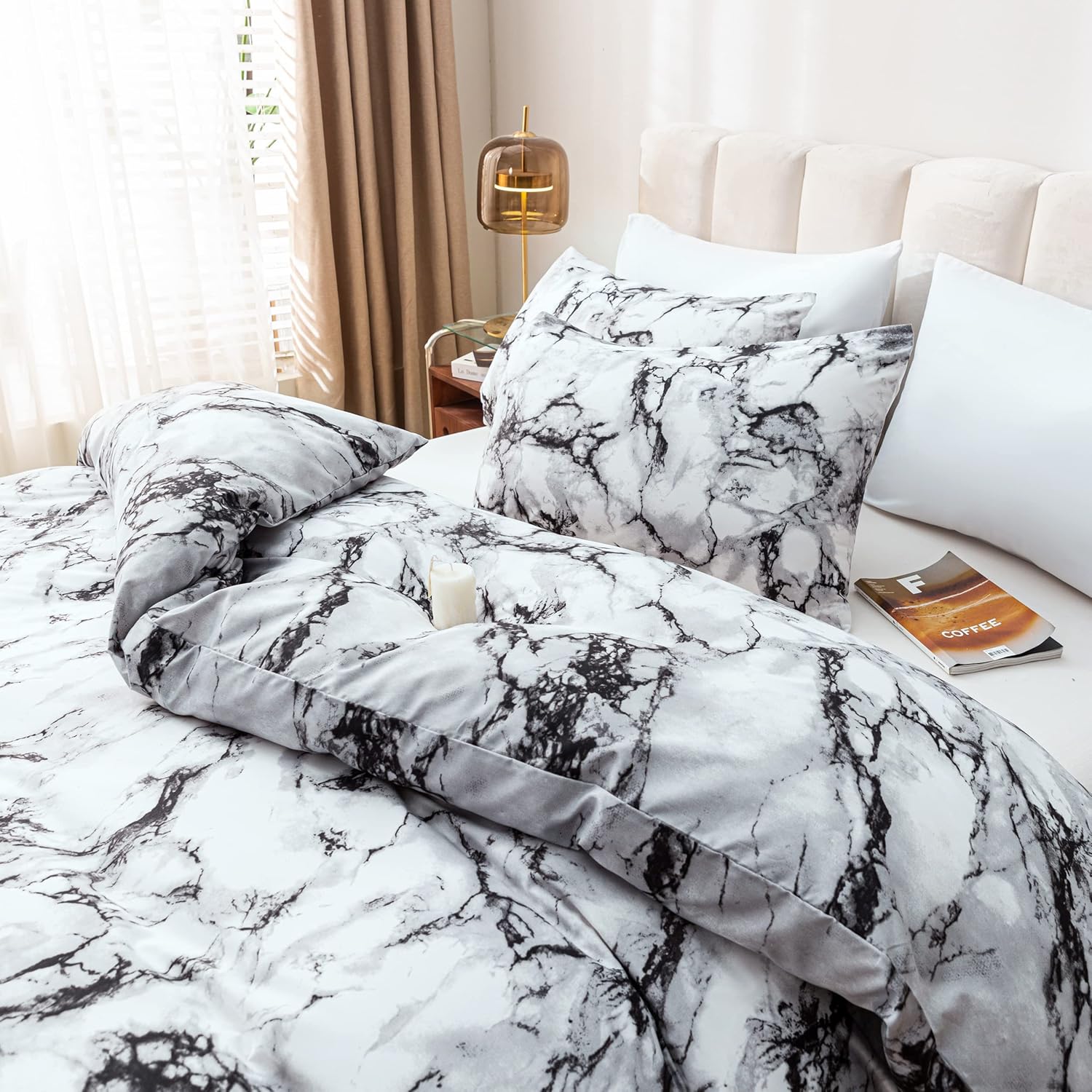 Smoofy Queen Marble White Comforter Set, White Marble Pattern Printed Soft Fabric with Brushed Microfiber Full Bed Sheets Fill Bedding Sets(1
