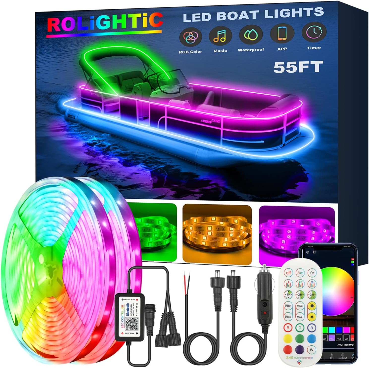 Luces LED de barco de 55 pies, 12 V APP RF control remoto pontón, luces de tira marina RGB impermeable IP66, luz interior de barco, luz de cubierta