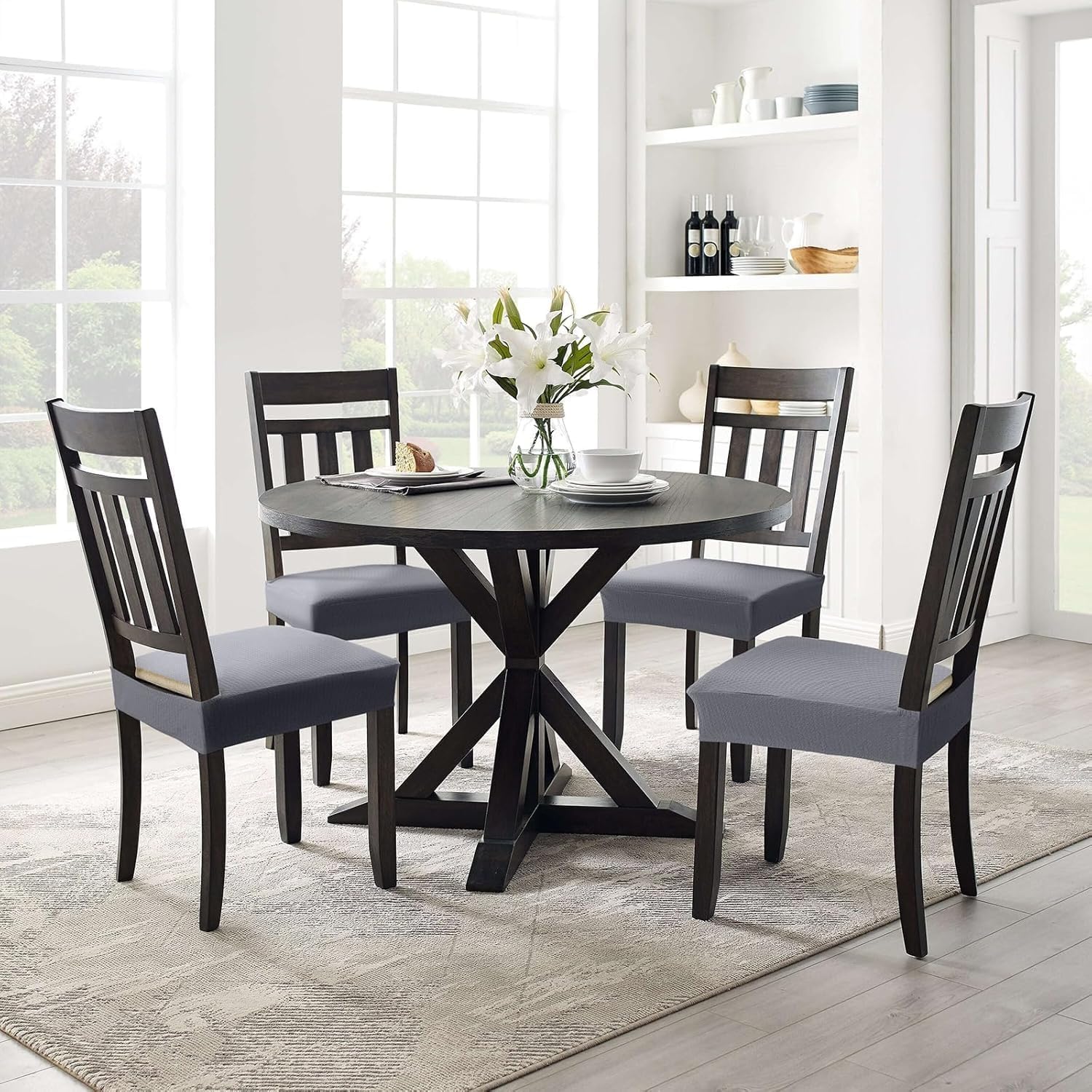 Smiry Juego de 6 fundas de asiento elásticas de jacquard para sillas de comedor, extraíbles y lavables, sin fundas traseras, color gris