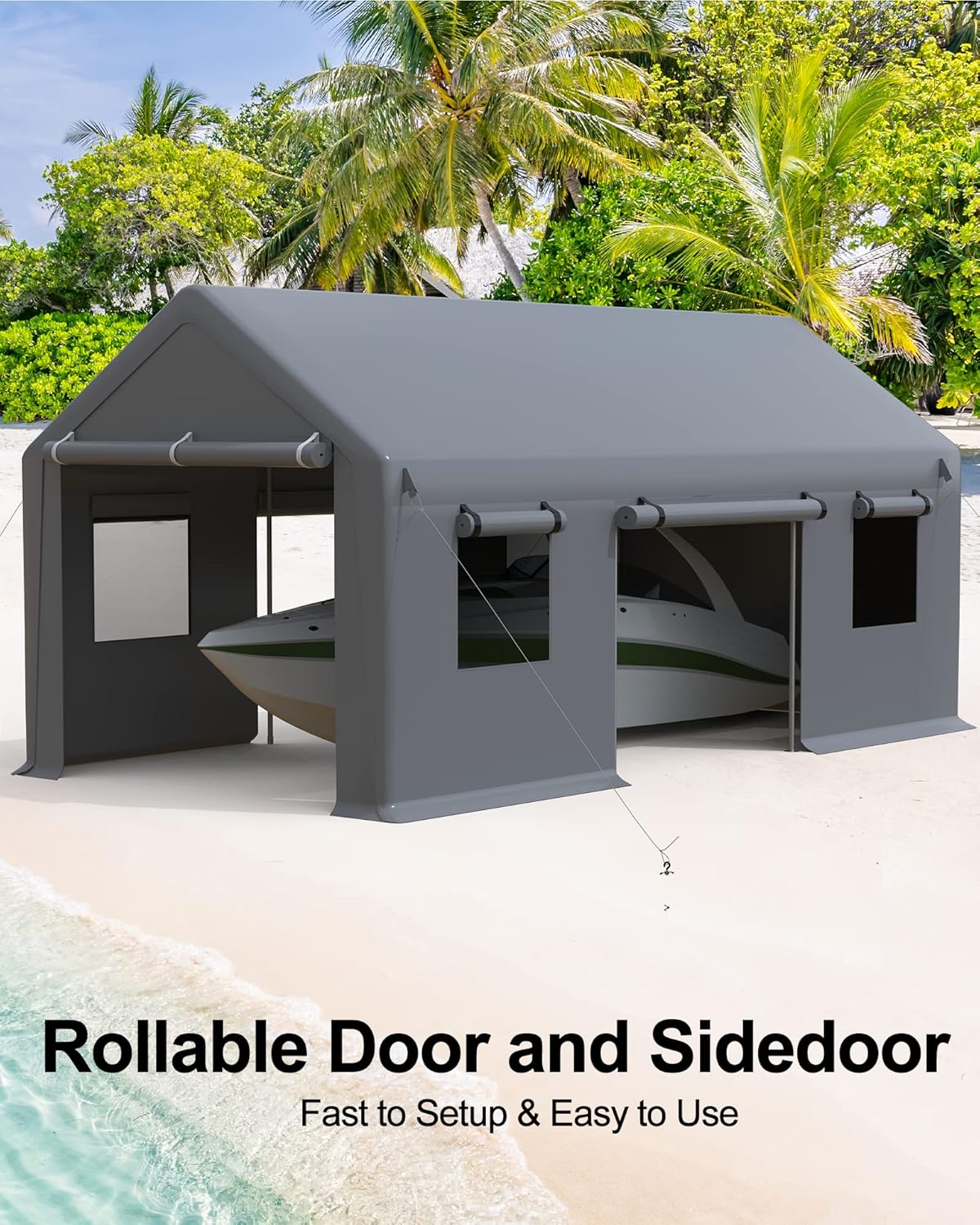 DEXSO Carport – Garaje portátil resistente de 13 x 20 pies, postes de acero de 0.039 pulgadas y toldo impermeable de polietileno de 6.35 onzas, con