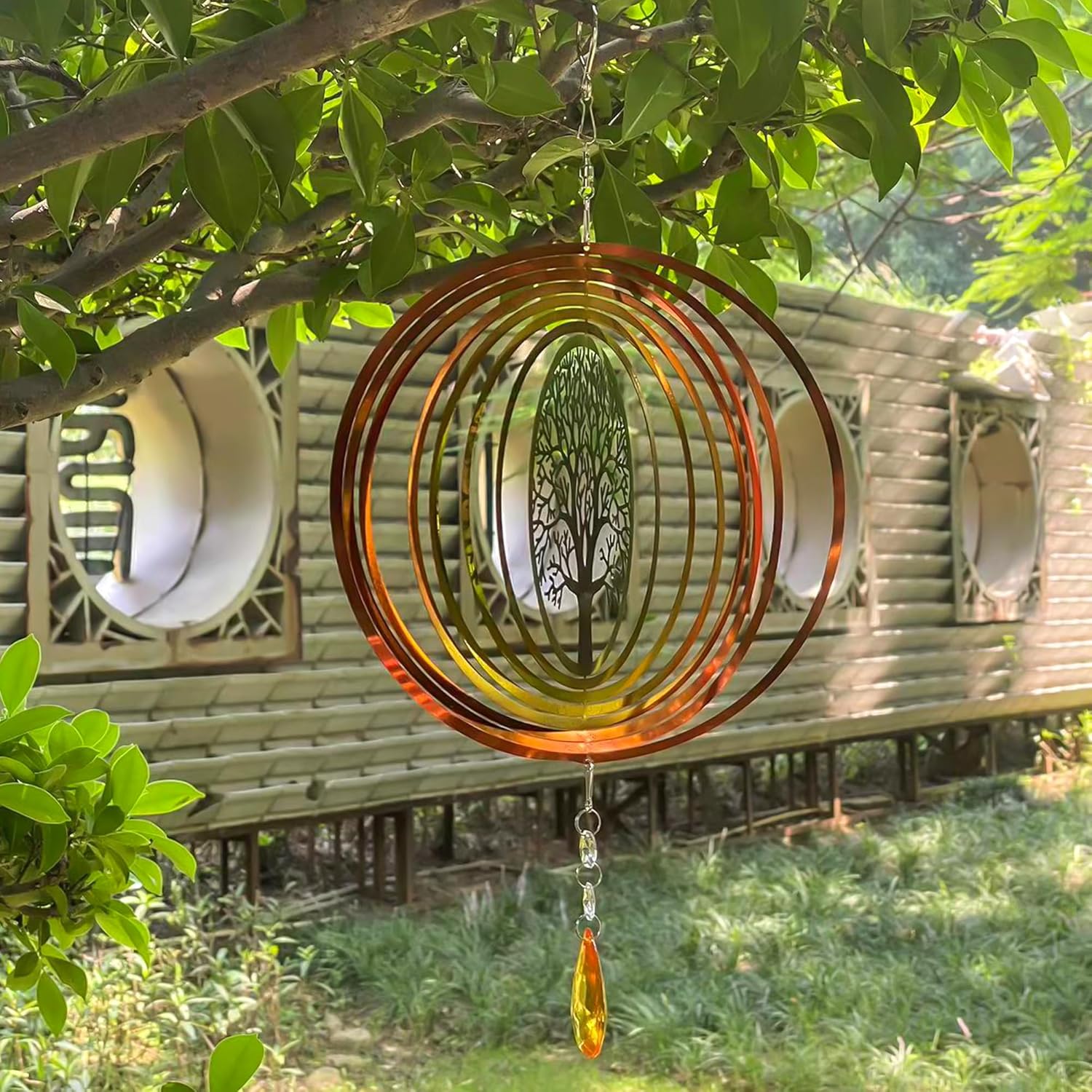 Tree Life – Molinillo de viento 3D de acero inoxidable para decoración de jardín en interiores y exteriores, adornos para manualidades, 8 pulgadas,