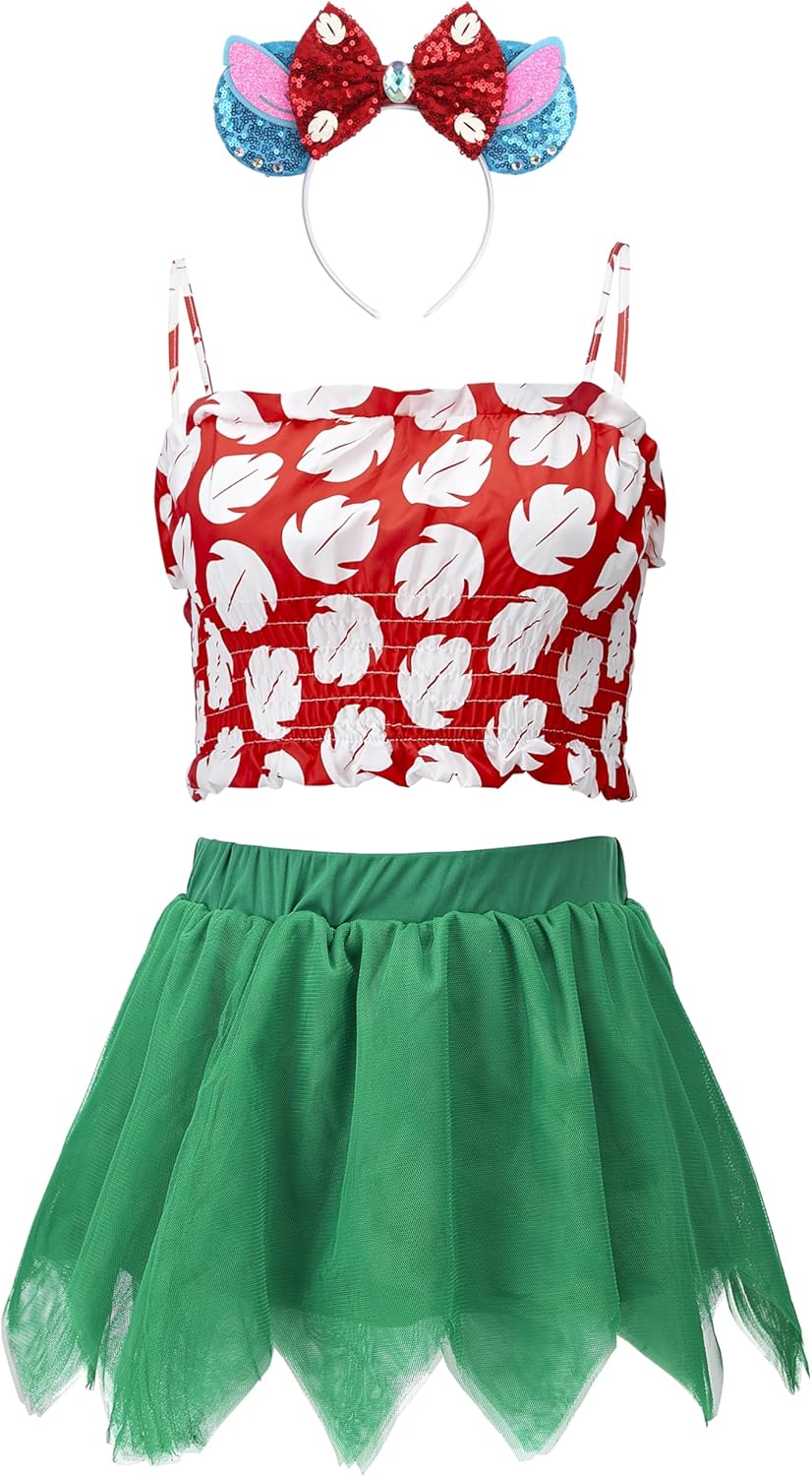 Hawaiian Palm Leaf Tutu lilo Dress for Girls Full Set Tropical Summer lilo Costume Dance Performance Outfit
