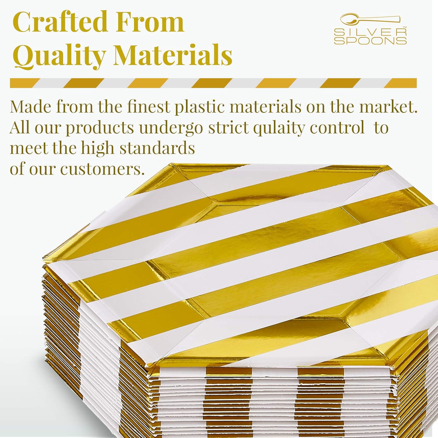 SILVER SPOONS Platos laterales desechables  24 piezas  Hecho de materiales de papel pesados  Rayas – Oro  7.5 pulgadas