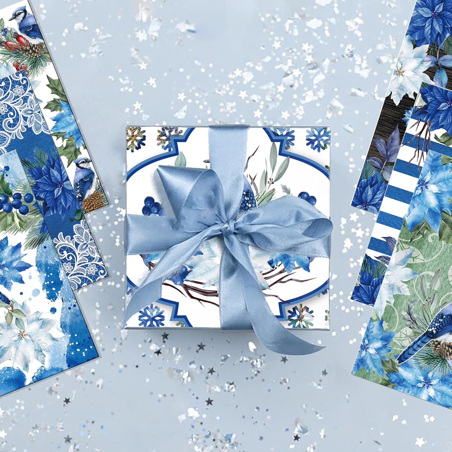 GLKTOPO Papel de recortes de Pascua de Navidad de 12 pulgadas, 24 hojas de Navidad de doble cara azul y rojo con patrón de flores de acuarela para