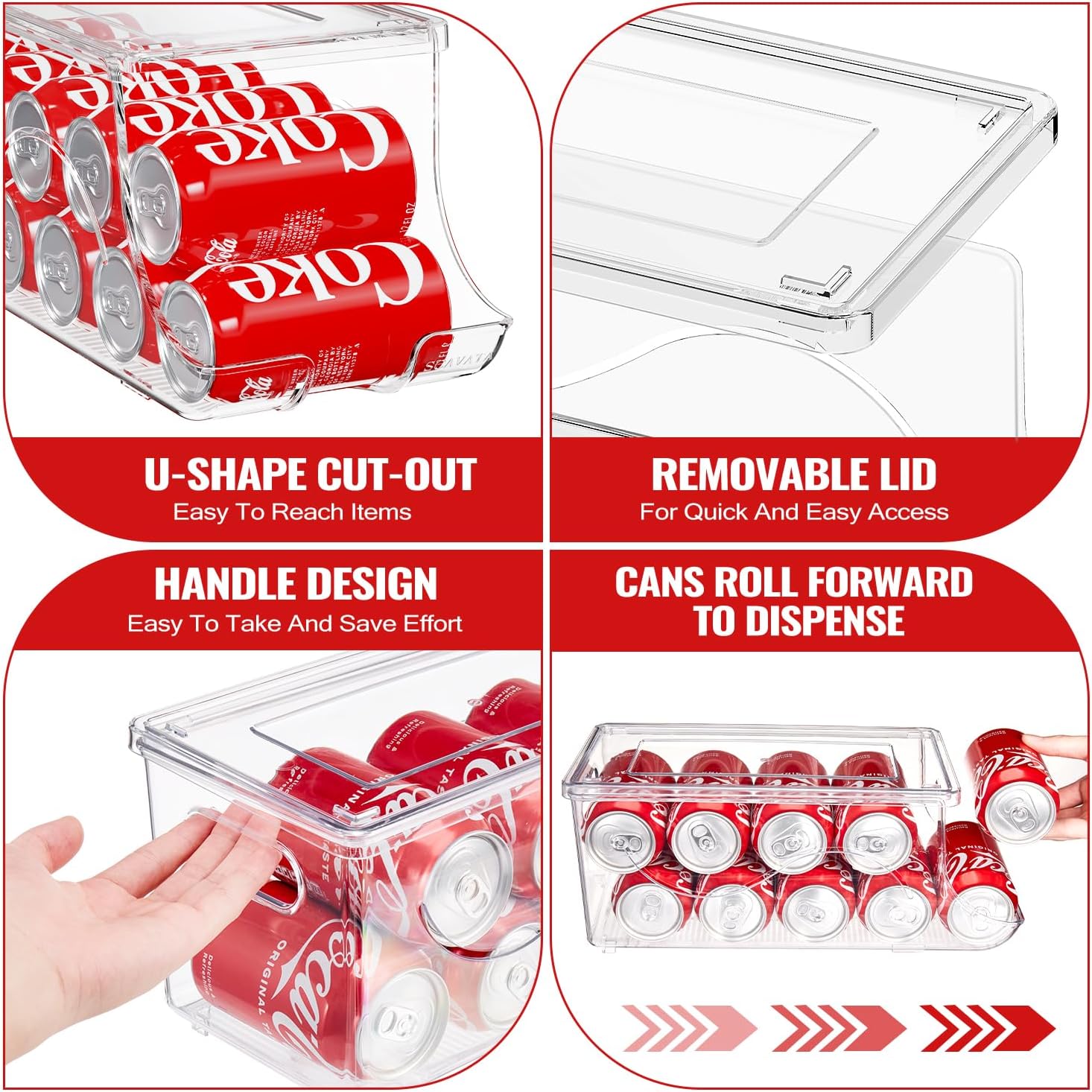 SCAVATA Paquete de 4 organizadores apilables para refrigerador, dispensador de latas de refrescos, contenedor de bebidas con tapa para refrigerador,