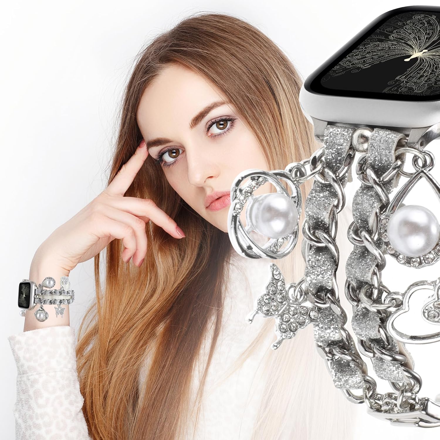 WONMILLE Correa compatible con Apple Watch de 1.732 in 1.772 in 1.929 in 1.654 in 1.496 in 1.575 in 1.614 in mujer elegante diseño de cadena con