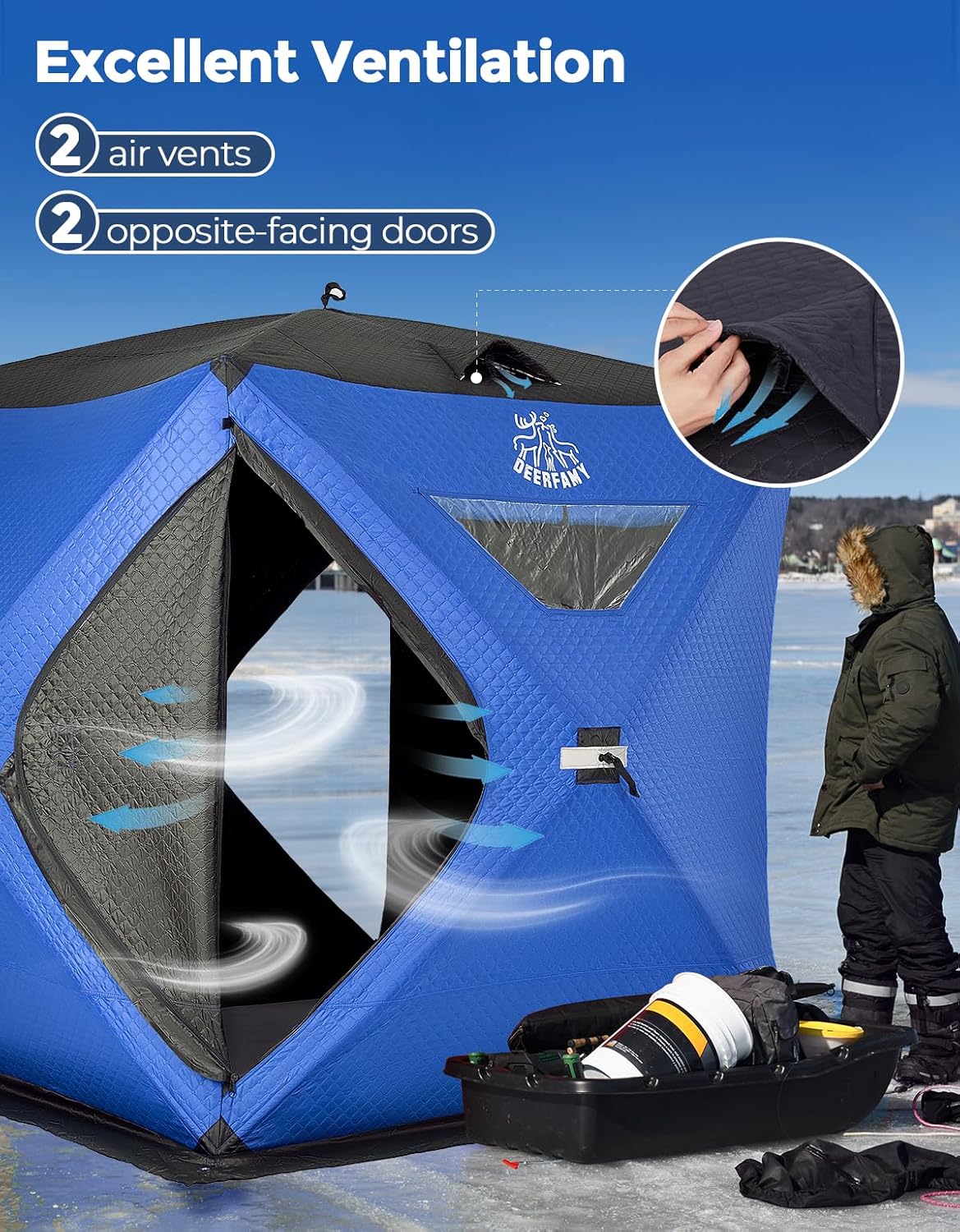 DEERFAMY Refugio de pesca en hielo de 3 capas relleno de algodón, 345678 personas, carpa de pesca en hielo, tienda de campaña aislada con bolsa de