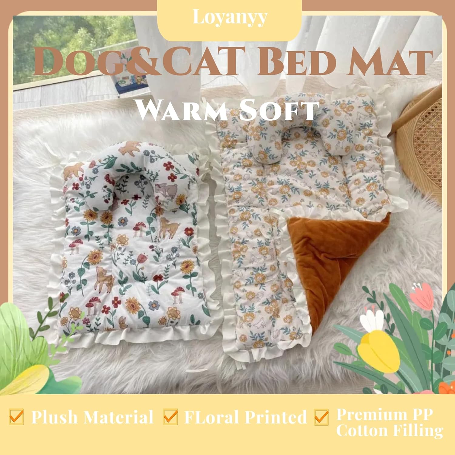 Tapete de cama floral para perro, tapete de felpa para perrera, cálido para invierno, tapete para dormir para gatos, cama antideslizante para