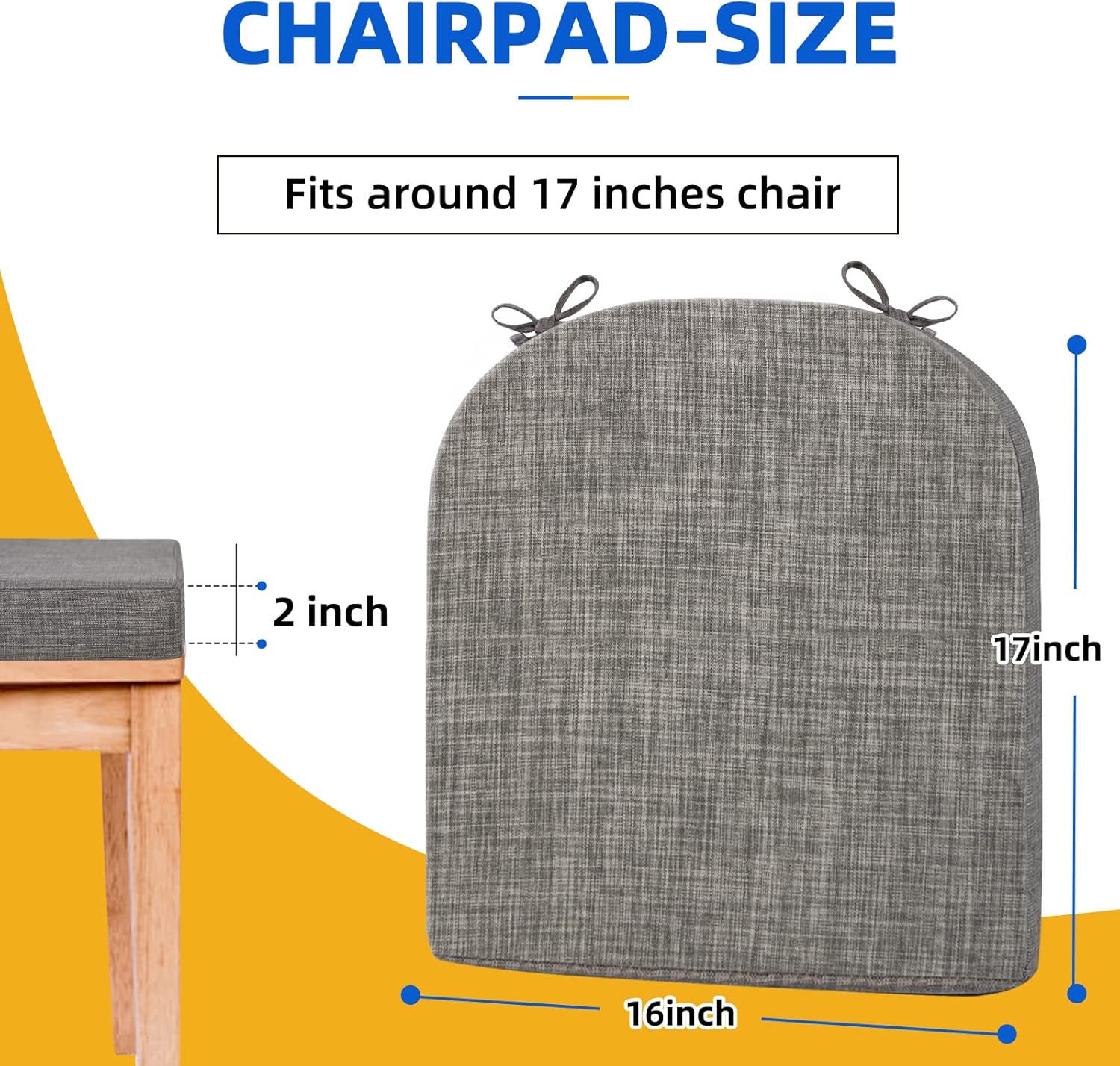 Cojines para sillas de comedor, 17 x 16 x 2 pulgadas, cojines de asiento para sillas de cocina con lazos y funda lavable, cojines para sillas de