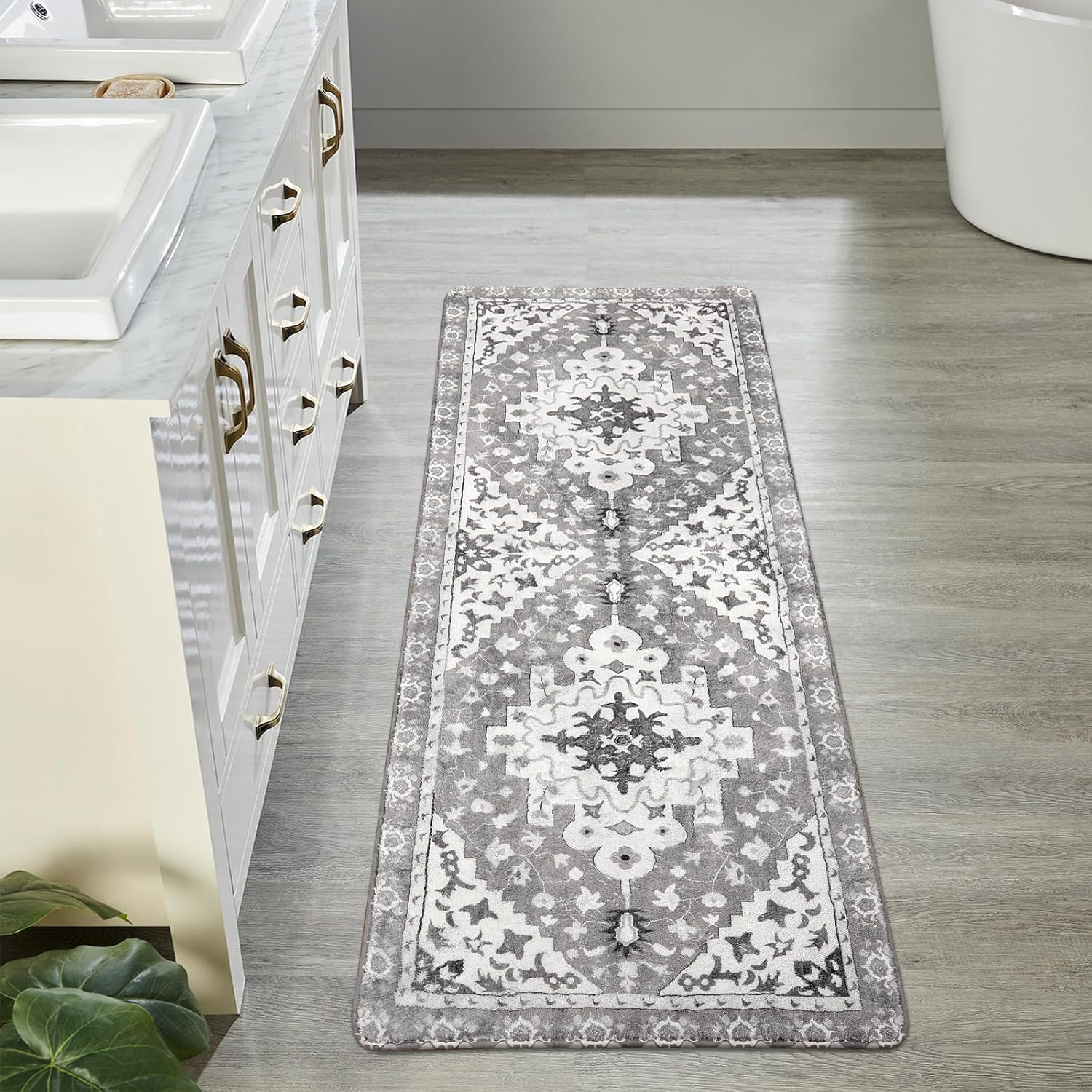 Uphome Alfombra de pasillo de baño, estilo bohemio, vintage, gris, antideslizante, suave, lavable a máquina, oriental, tradicional, tribal, floral,