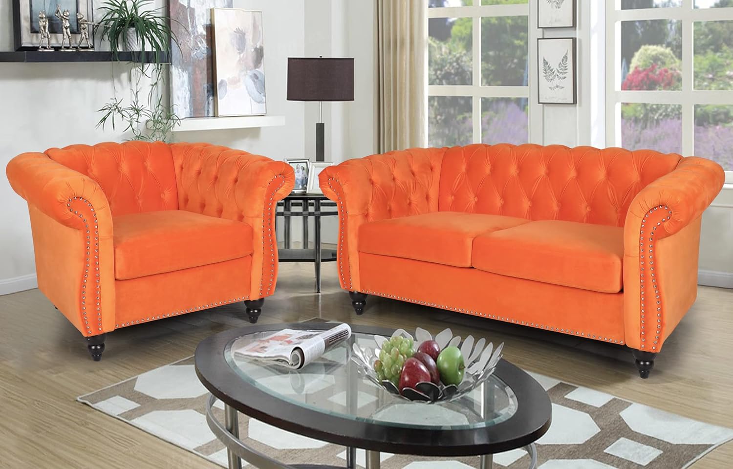 RARZOE Juego de 2 muebles de sala de estar, moderno y contemporáneo con botones copetudos de terciopelo y sofá de dos plazas Chesterfield con brazos