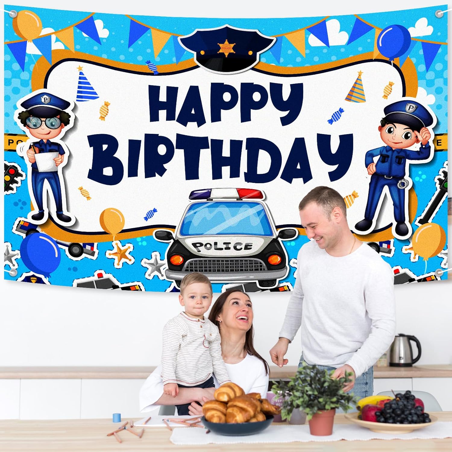 Cartel de fondo de policía con texto en inglés Happy Birthday de policía azul, para decoración de fiestas temáticas de cumpleaños, suministros de