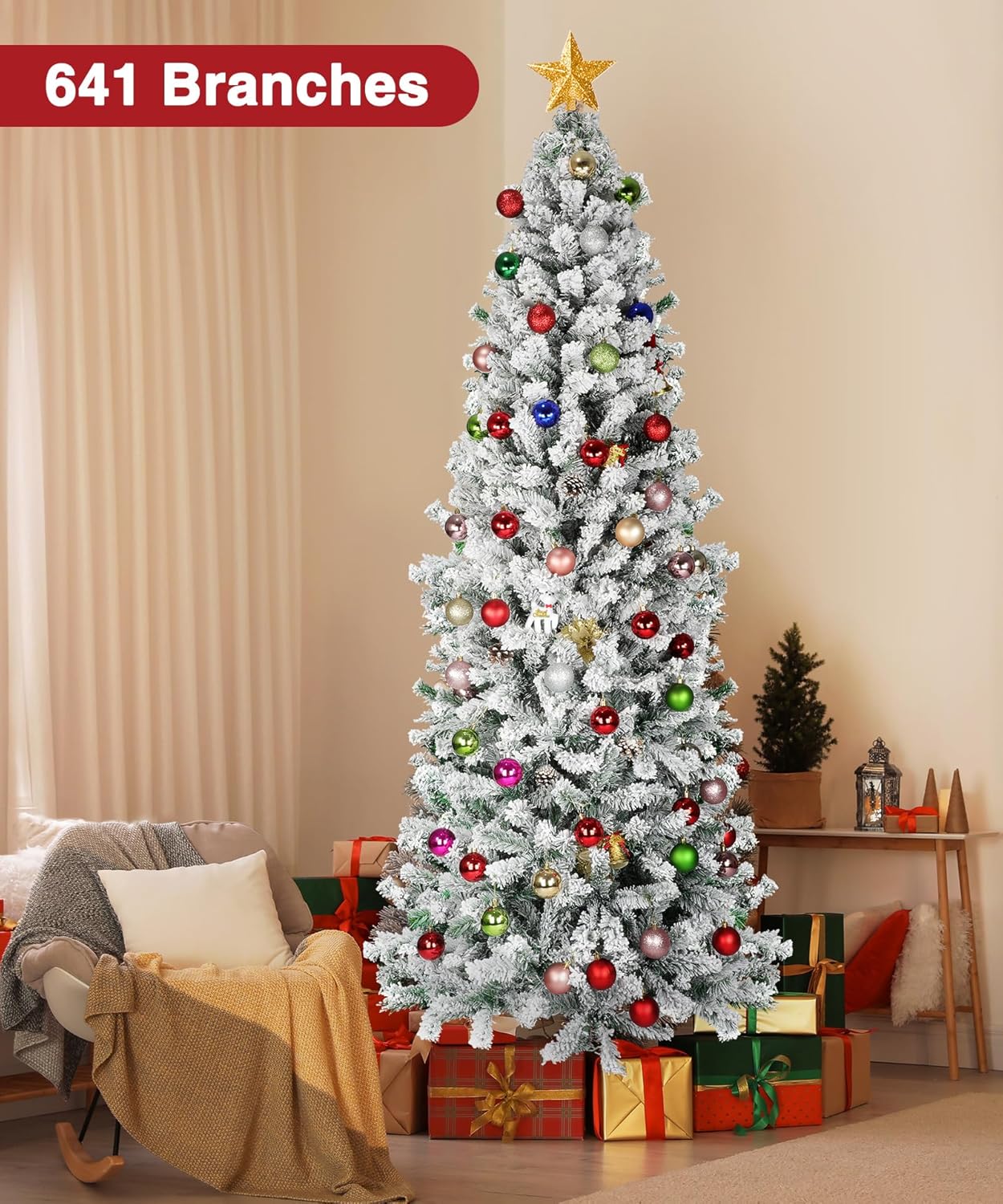Árbol de Navidad con forma de lápiz de nieve de 7.5 pies, árbol de Navidad artificial de esquina delgada sin iluminación con 641 puntas de rama,