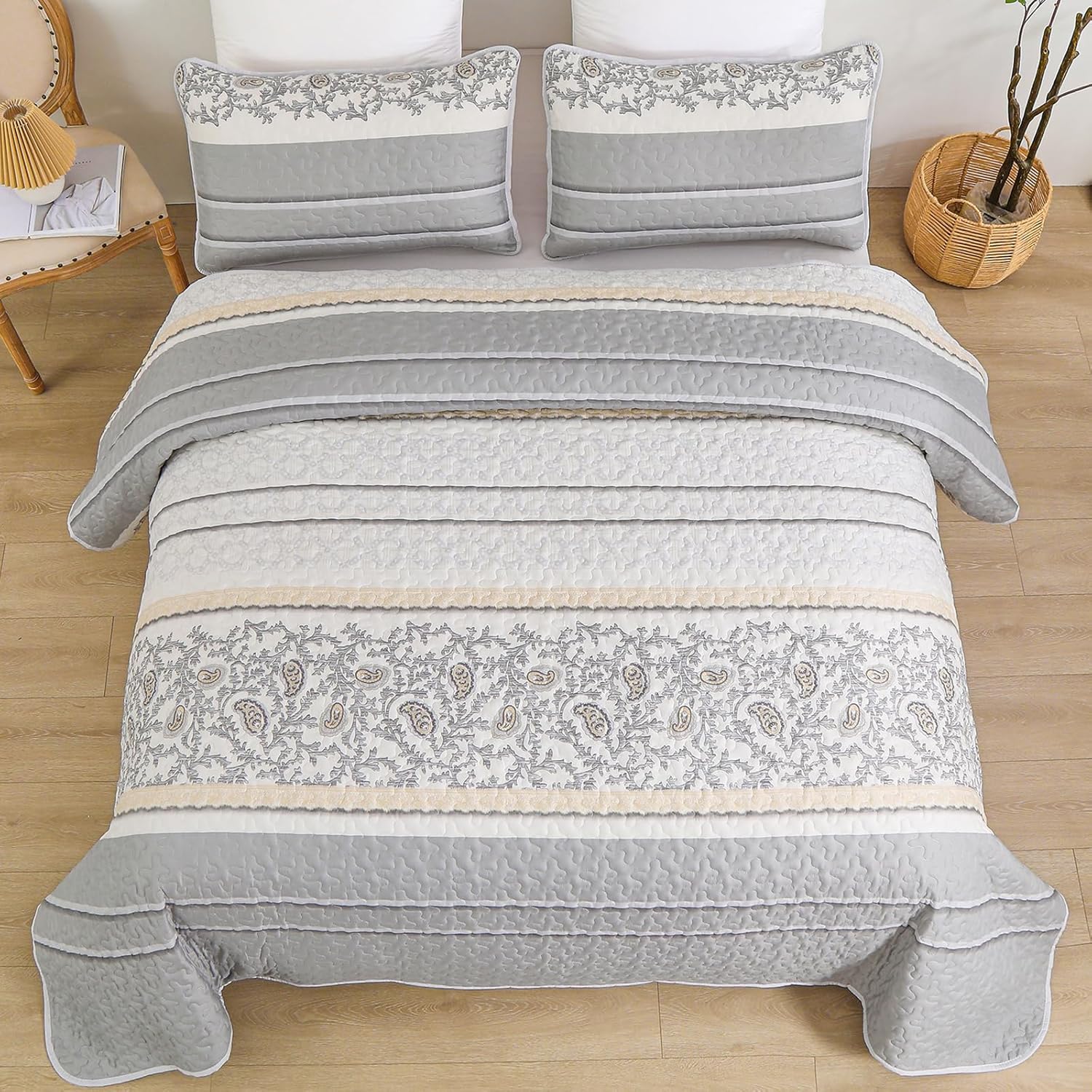 Anibedding Juego de edredón gris tamaño King de 3 piezas con estampado de cachemira, reversible, bohemio, a rayas, con 2 fundas de almohada, para