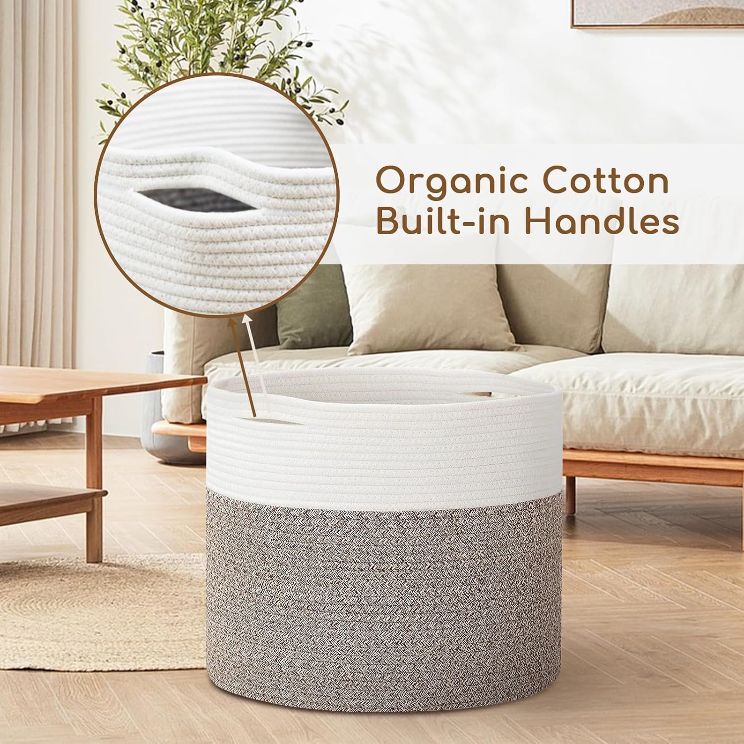 Cesta de cuerda de algodón extragrande de 24 x 24 x 17.3 pulgadas para sala de estar, canasta tejida para ropa sucia para bebé con asas, contenedor