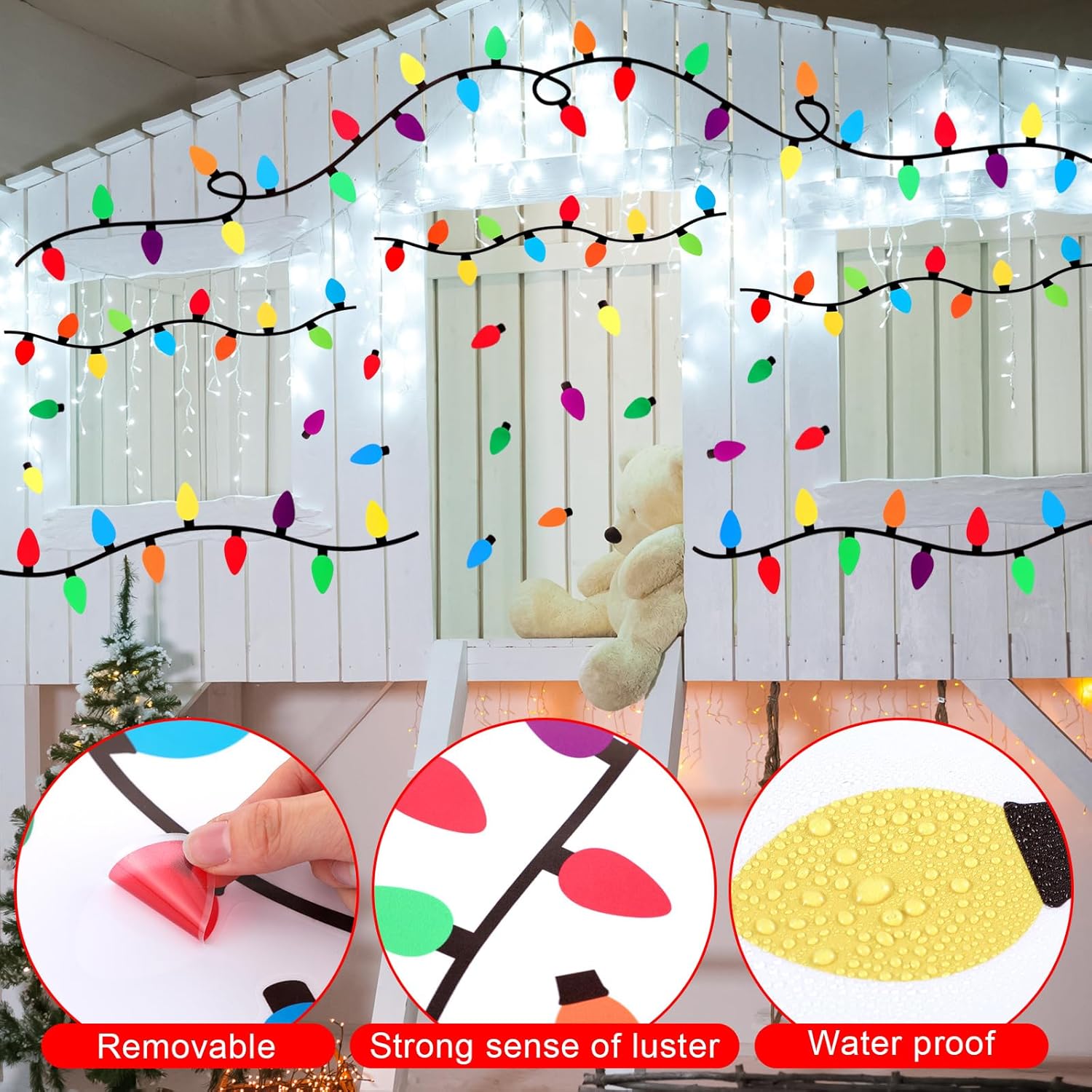 Cholemy 4 hojas de calcomanías de pared de Navidad, calcomanías de bombilla de Navidad, calcomanías de bombillas de colores, suministros de fiesta,