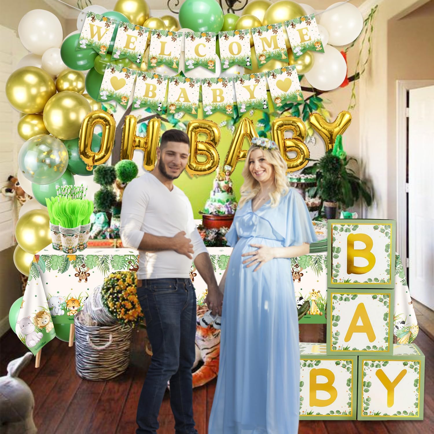 Decoraciones de fiesta de baby shower, pancarta de bienvenida para bebé, platos de animales de la selva, servilletas, vasos, arco de globos, mantel