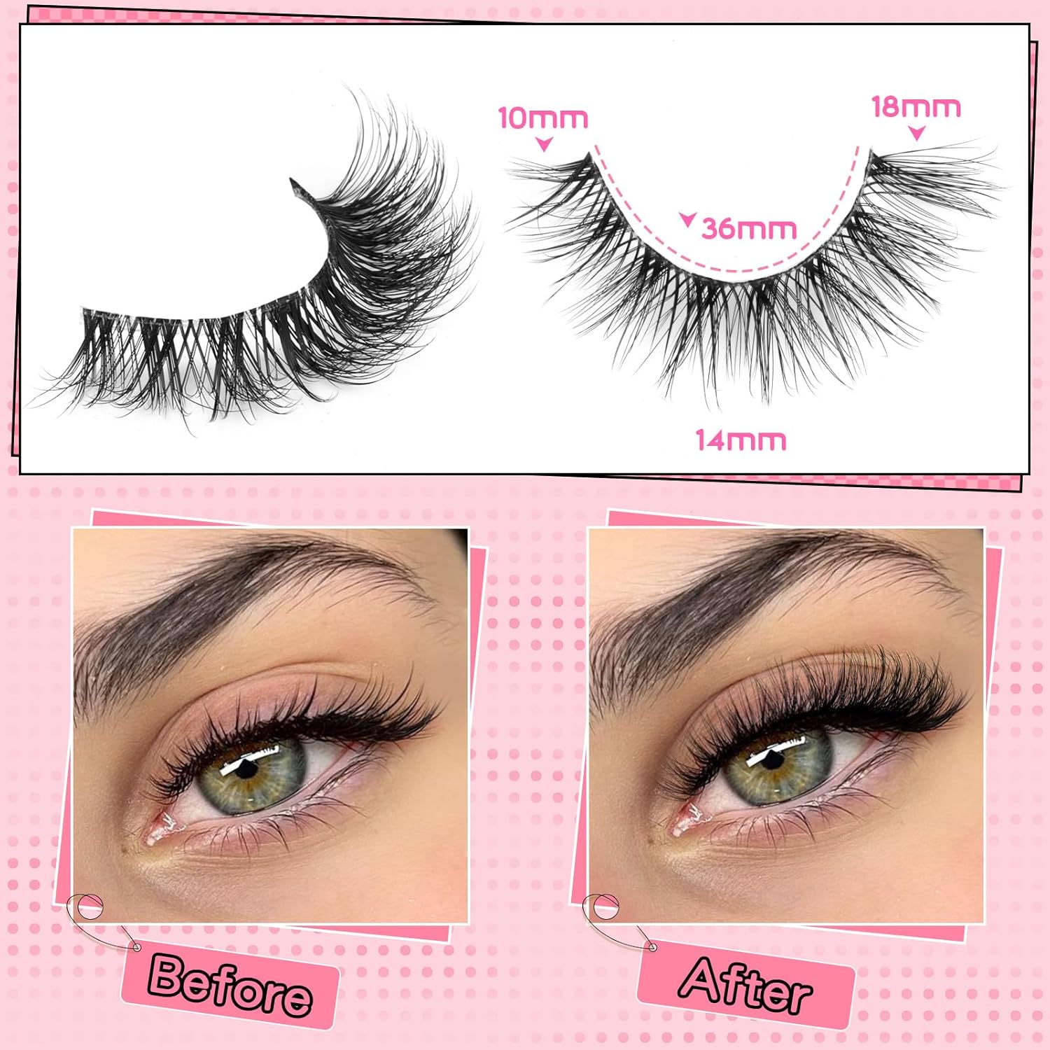 Pestañas de ojo de gato, pestañas postizas de banda transparente, pestañas postizas esponjosas de aspecto natural, 16 pares de pestañas de visón