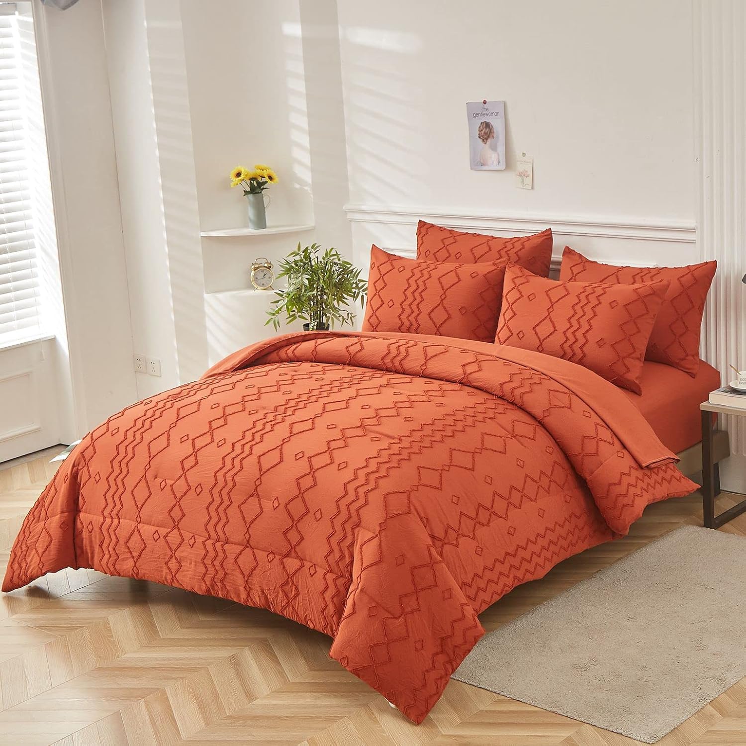 WONGS BEDDING Juego de edredón color naranja quemado, tamaño Queen, 7 piezas de cama copetuda terracota en una bolsa, edredón bohemio chic